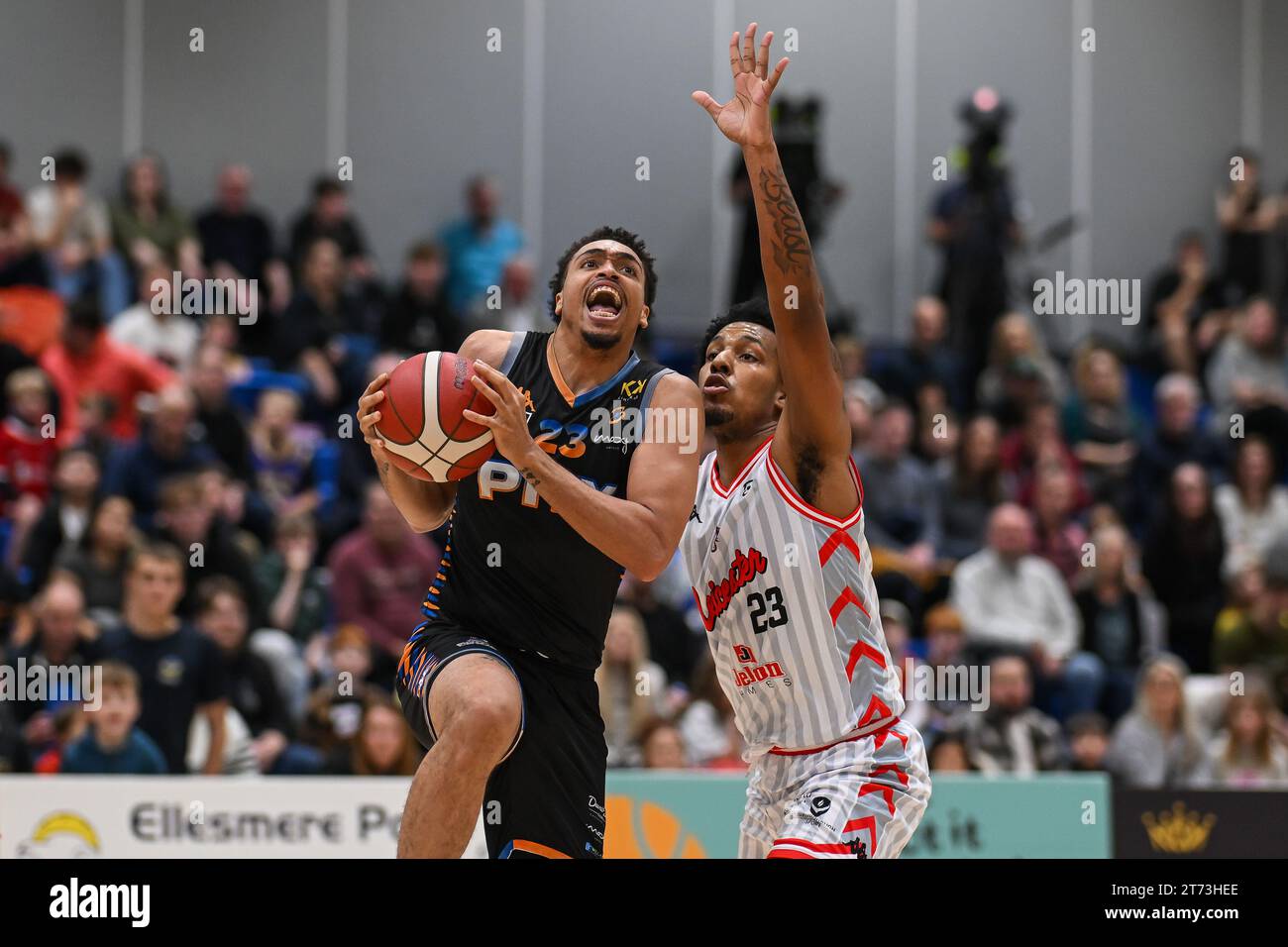 Ethan Chargois of Cheshire Phoenix drives for the basket during the British Basketball Championship match Cheshire Phoenix vs Leicester Riders at Ellesmere Port Sports Village, Ellesmere Port, United Kingdom, 12th November 2023 (Photo by Craig Thomas/News Images) Stock Photo