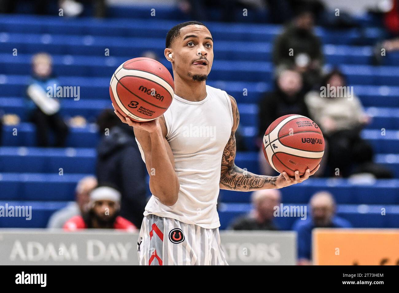 Xavier Pinson of Leicester Riders pre match warm ups ahead of the British Basketball Championship match Cheshire Phoenix vs Leicester Riders at Ellesmere Port Sports Village, Ellesmere Port, United Kingdom, 12th November 2023 (Photo by Craig Thomas/News Images) Stock Photo