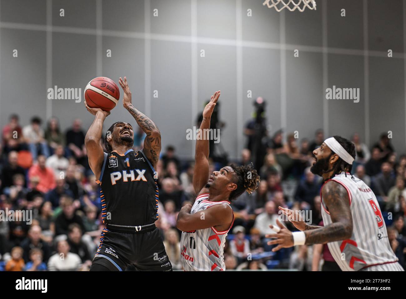 Cam Christon of Cheshire Phoenix in action during the British Basketball Championship match Cheshire Phoenix vs Leicester Riders at Ellesmere Port Sports Village, Ellesmere Port, United Kingdom, 12th November 2023 (Photo by Craig Thomas/News Images) Stock Photo