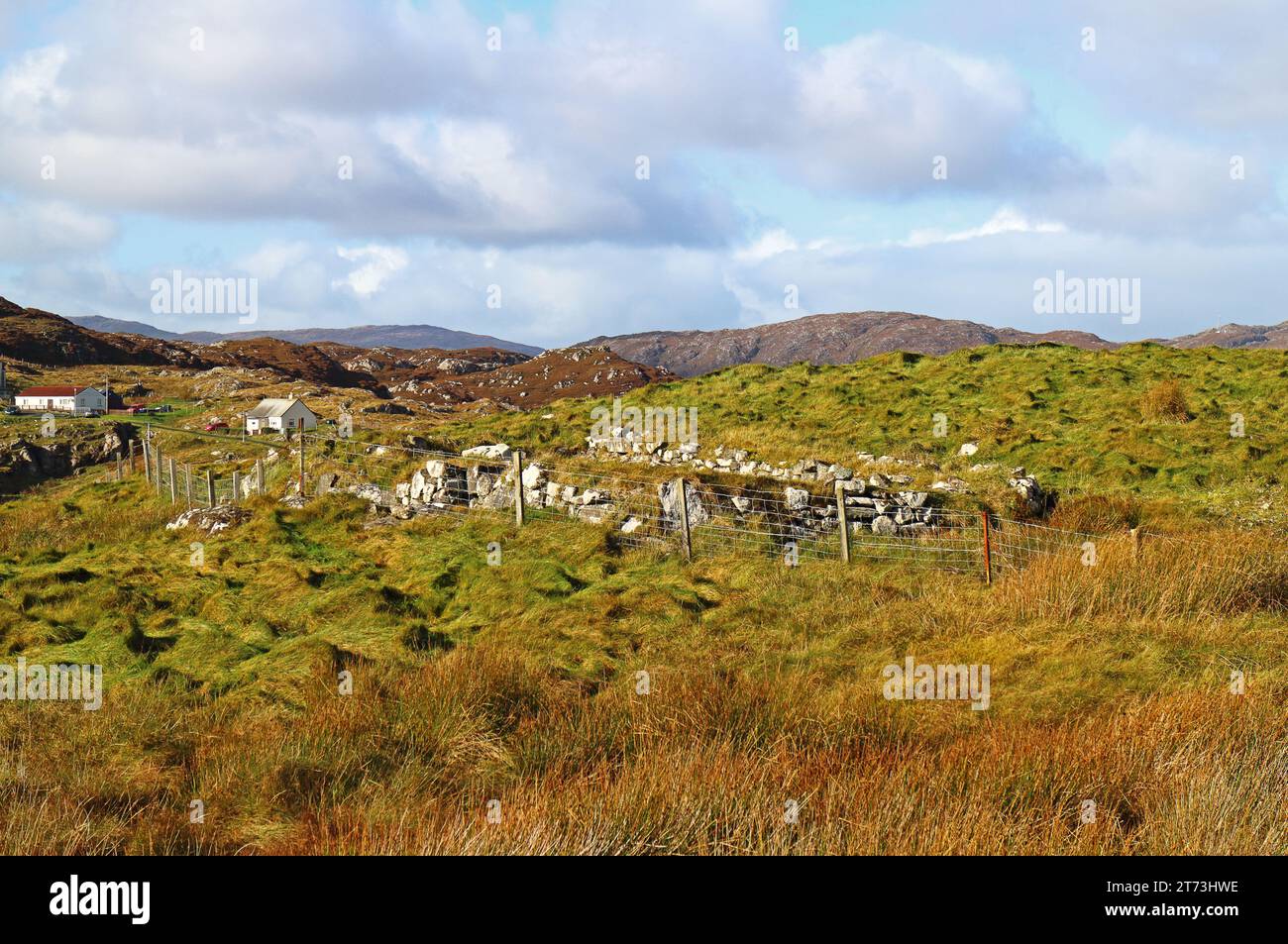 The remains of a small croft building possibly abandoned due to clearances by the Golden Road on the Isle of Harris, Outer Hebrides, Scotland. Stock Photo