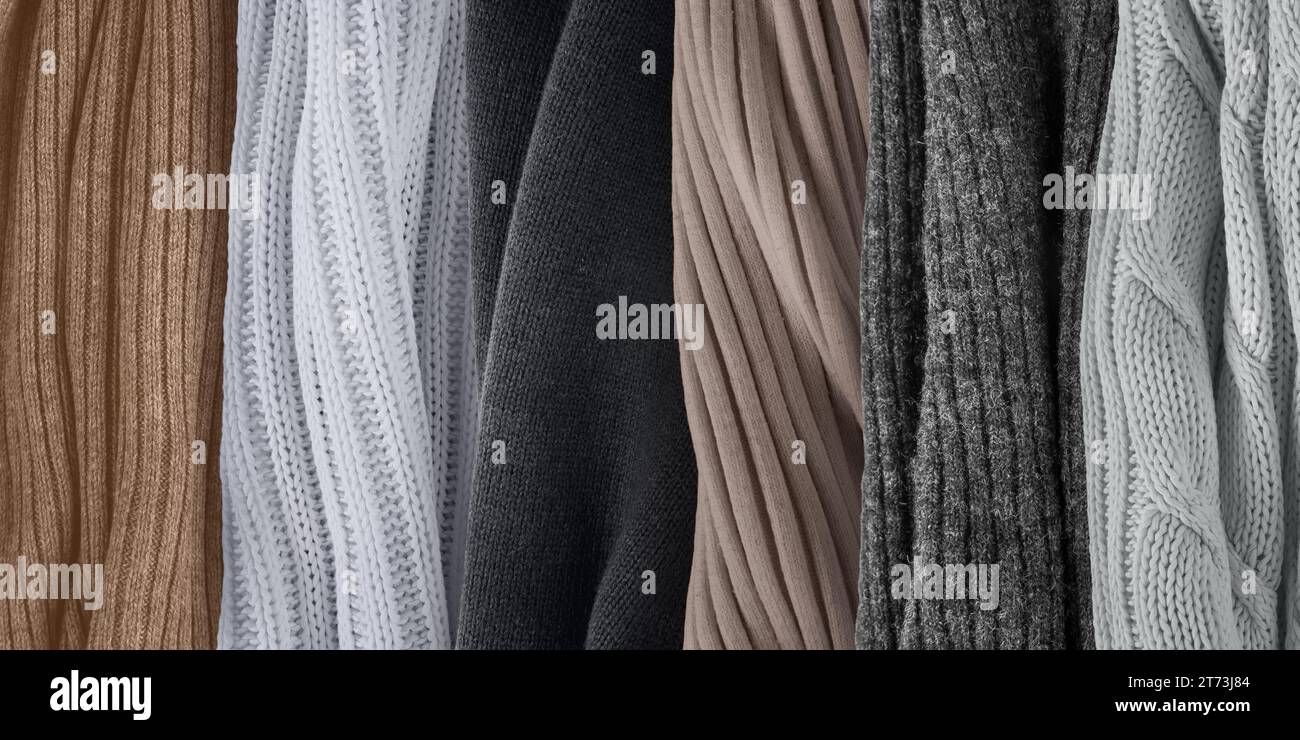 Top neutral colors palette for spring 2024. Fashion color trends. Knitted clothes fabric samples. Stock Photo