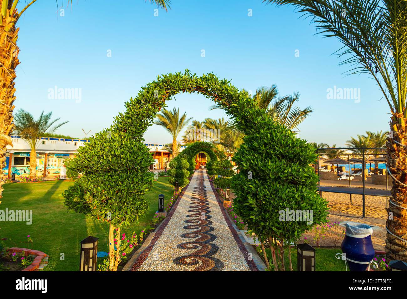 Beautiful hotel area on the Red Sea shore. Landscaping. Safaga, Egypt - October 23, 2023. Stock Photo