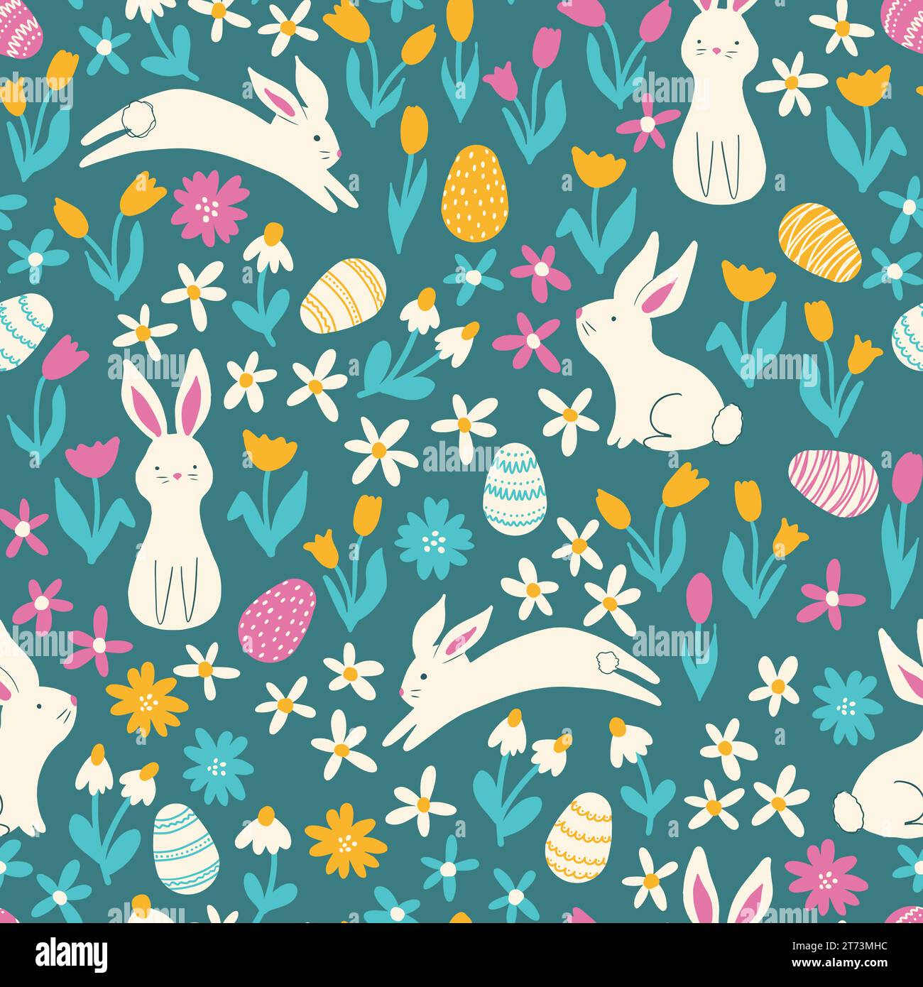 Seamless vector pattern with cute Easter bunnies and decorated Easter eggs and folk flowers. Vector illustration Stock Vector