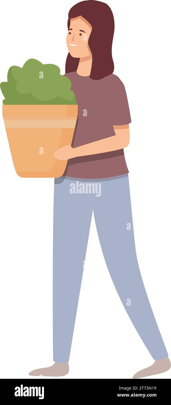 Woman with potted plant icon cartoon vector. Interior decorative flower. Gardening hobby. Stock Vector