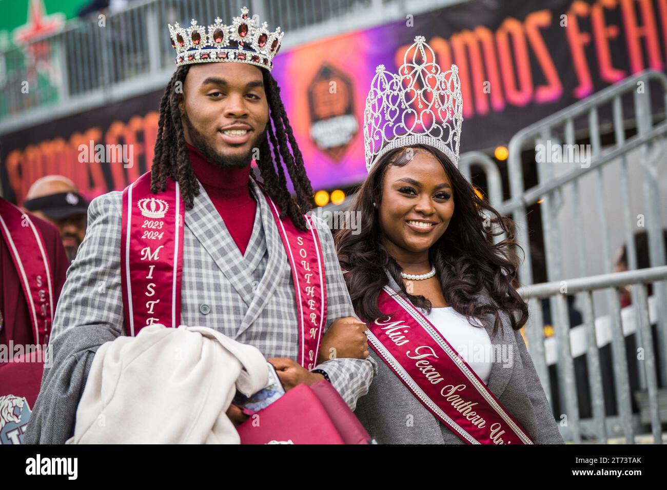 Houston, Texas, USA. 12th Nov, 2023. Mister Texas Southern University Taylor Getwood and Miss Texas Southern University Melody Robinson enter the stadium during the NCAA football game between the Alcorn State Braves and the Texas Southern Tigers at Shell Energy Stadium in Houston, Texas. Texas Southern defeated Alcorn State 44-10. Prentice C. James via Cal Sport Media(Credit Image: © Prentice C. James/Cal Sport Media). Credit: csm/Alamy Live News Stock Photo