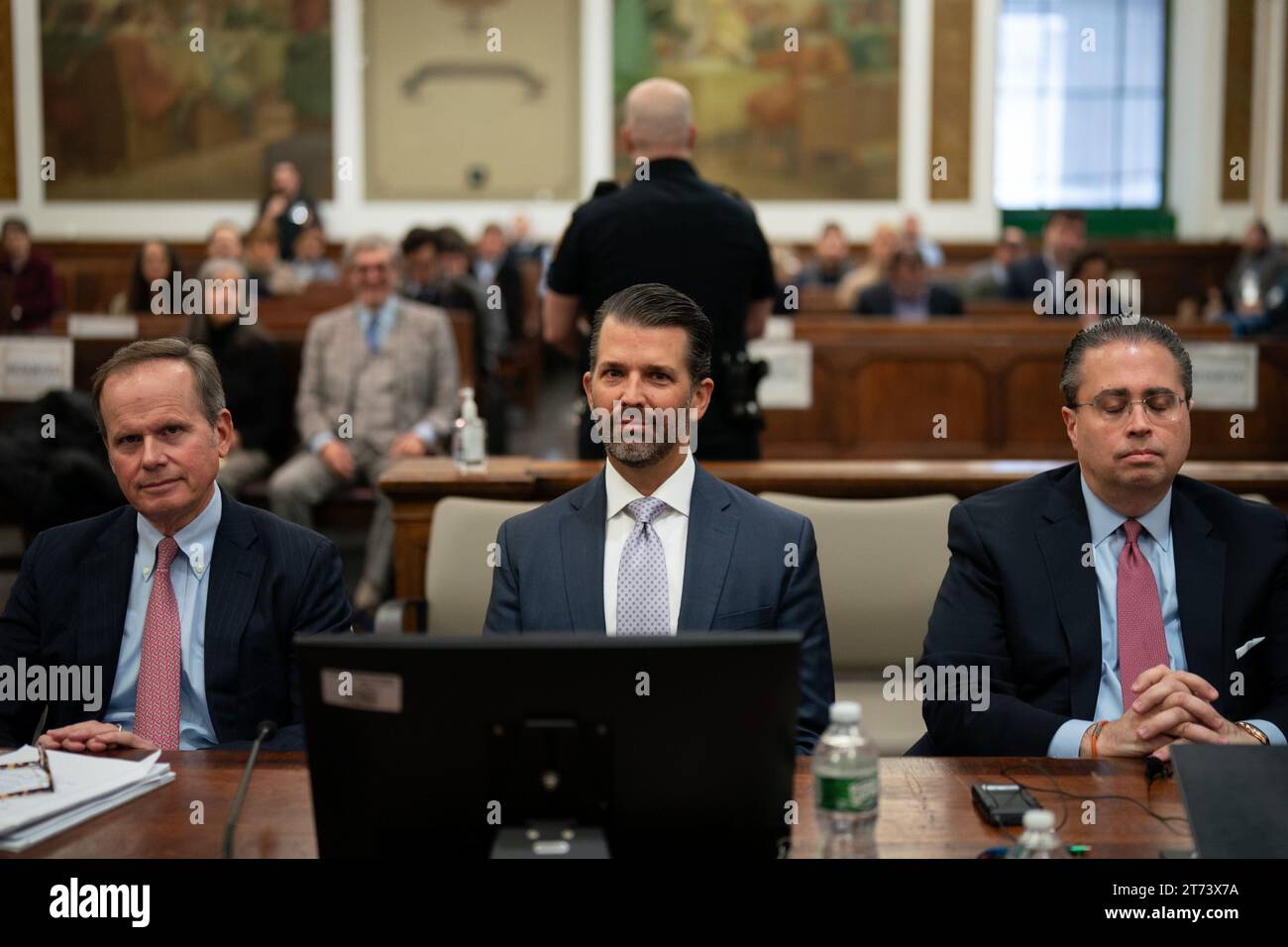 New York, United States. 13th Nov, 2023. Donald Trump Jr. sits in the court room to testify as the defense calls its first witnesses in the civil fraud trial of former United States President Donald Trump at State Supreme Court on Monday, November 13, 2023 in New York City. The case brought last September by New York Attorney General Letitia James, accuses Trump, his eldest sons and his family business of inflating Trump's net worth by more than $2 billion by overvaluing his real estate portfolio. Pool Photo by Adam Gray//UPI Credit: UPI/Alamy Live News Stock Photo