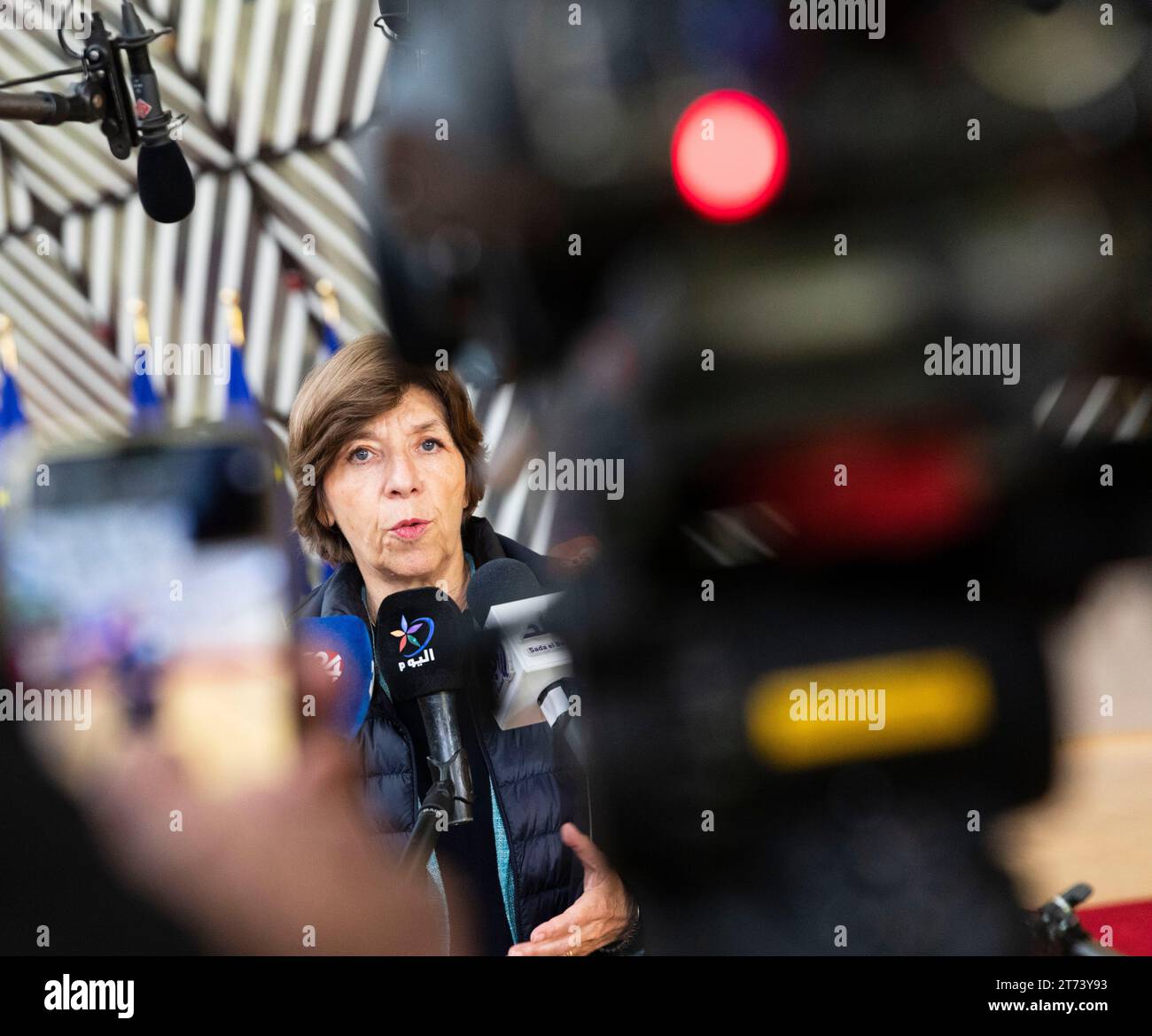 Brussels, Belgium. 13th Nov, 2023. Nicolas Landemard/Le Pictorium - European Council for Foreign Affairs in Brussels. - 13/11/2023 - Belgium/Brussels/Brussels - Arrival of French Foreign Minister Catherine Colonna at the European Foreign Affairs Council. Credit: LE PICTORIUM/Alamy Live News Stock Photo