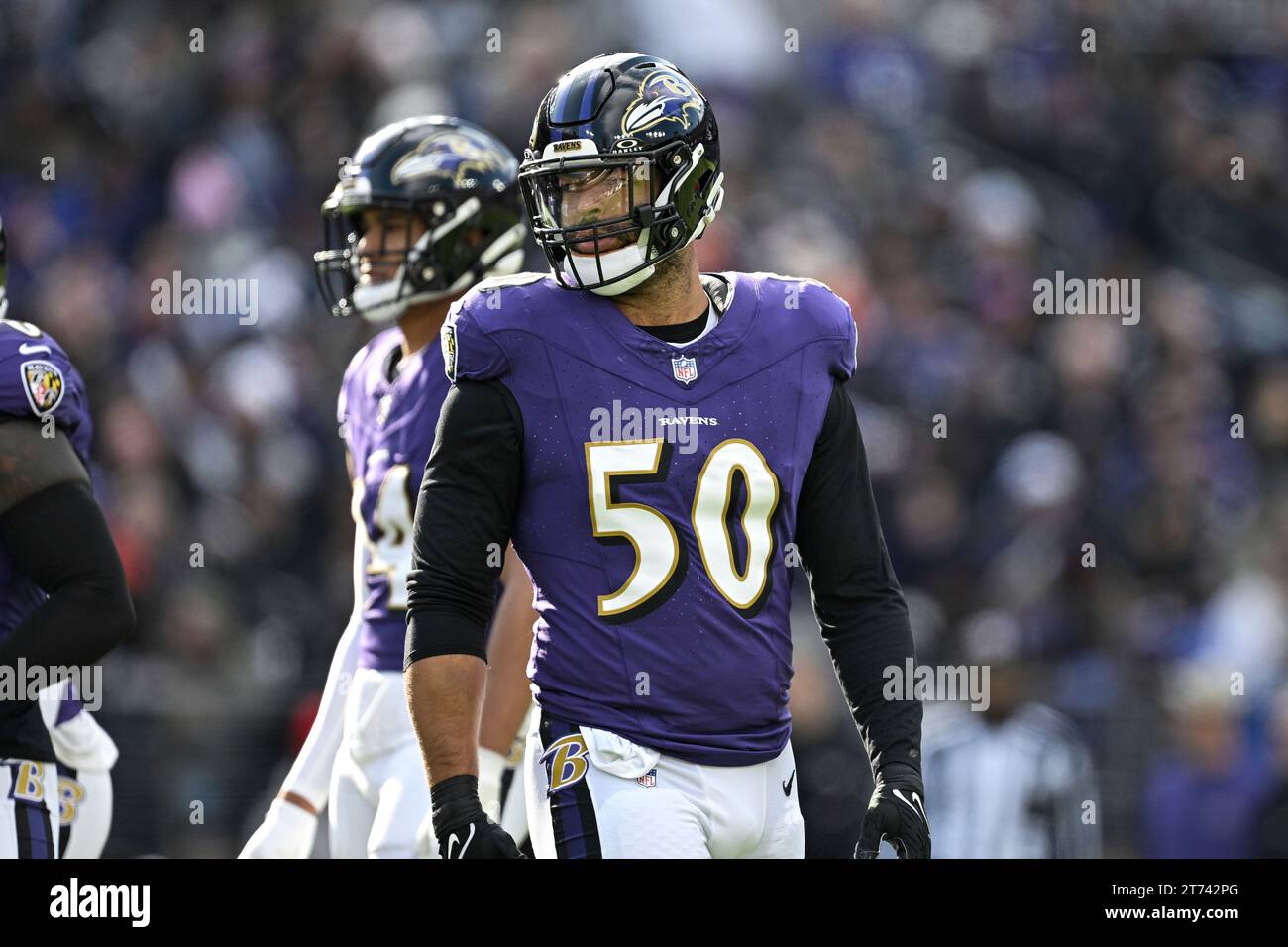 Baltimore Ravens linebacker Kyle Van Noy (50) looks on during a break ...
