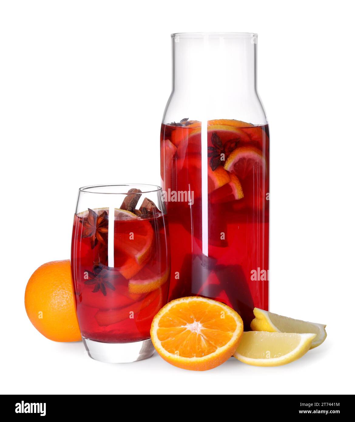 Tasty punch drink and ingredients isolated on white Stock Photo Alamy