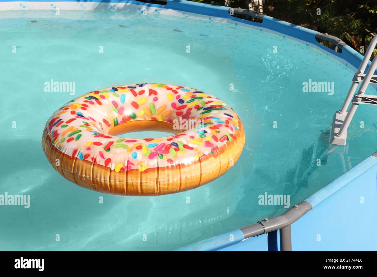 Inflatable ring floating on water in above ground swimming pool ...