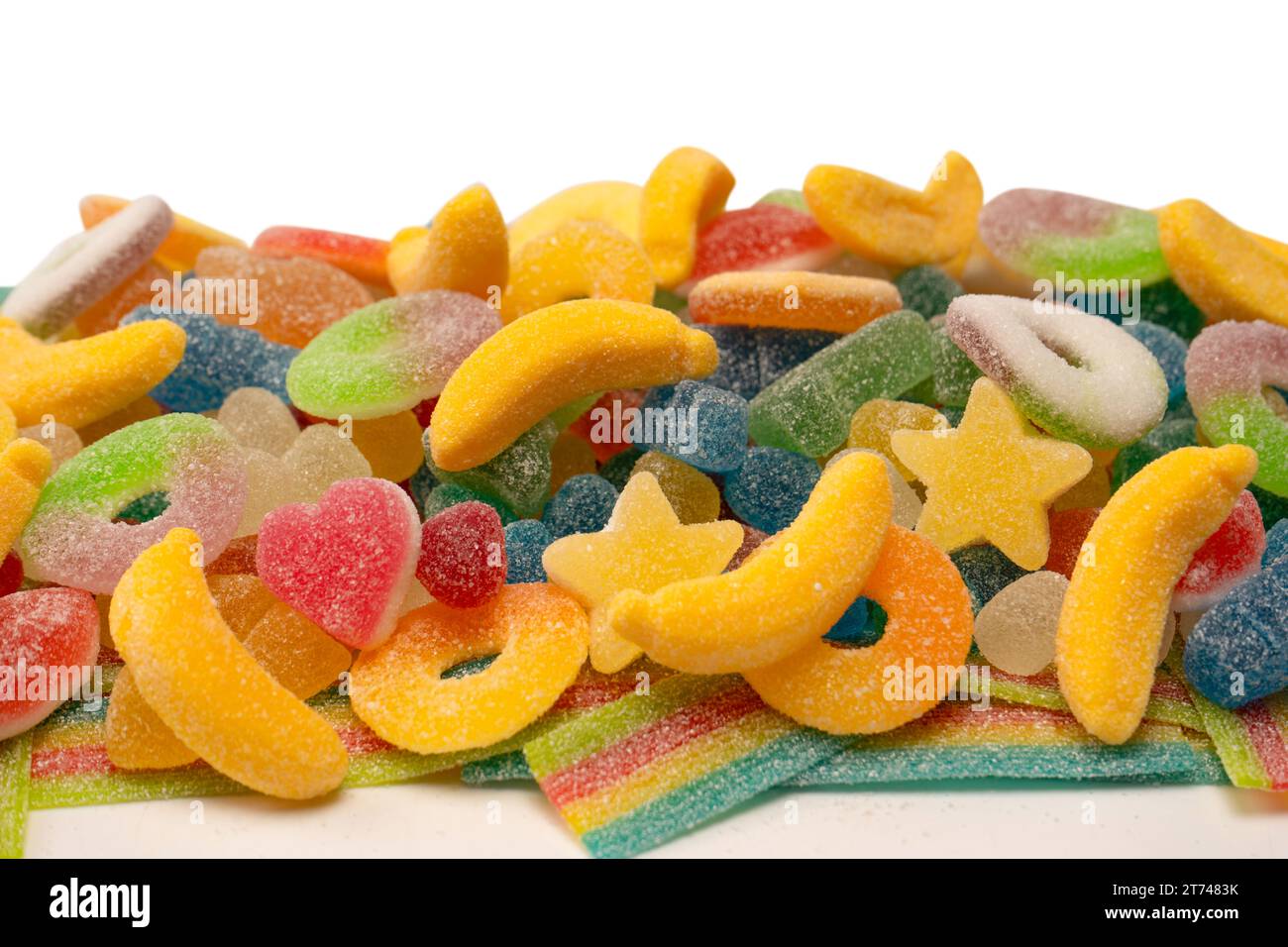 Assorted gummy candies isolated on a white background. Top view. Jelly  sweets. Stock Photo