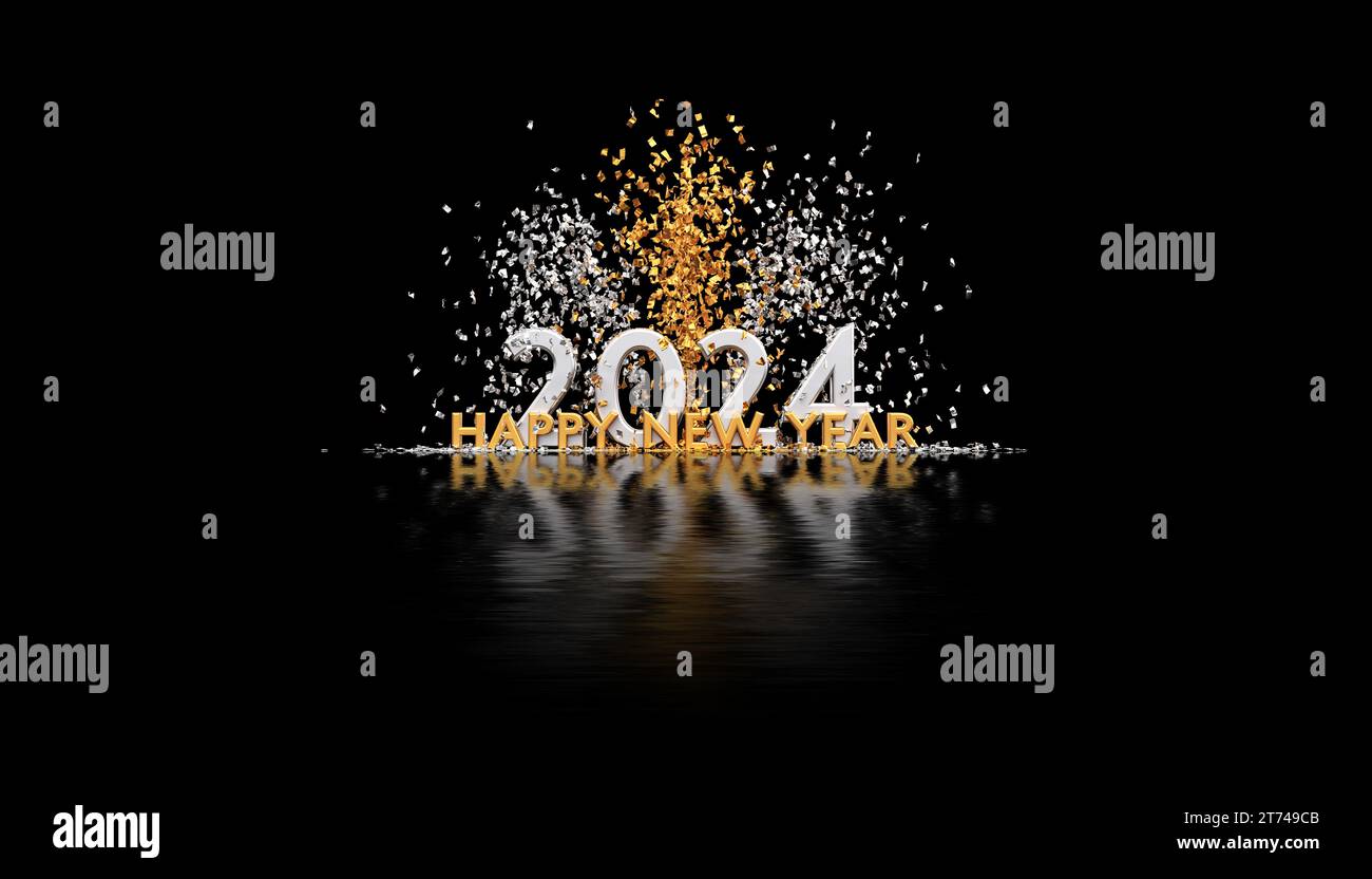 Happy new year 2024 - golden text and confettis - 3D rendering Stock ...