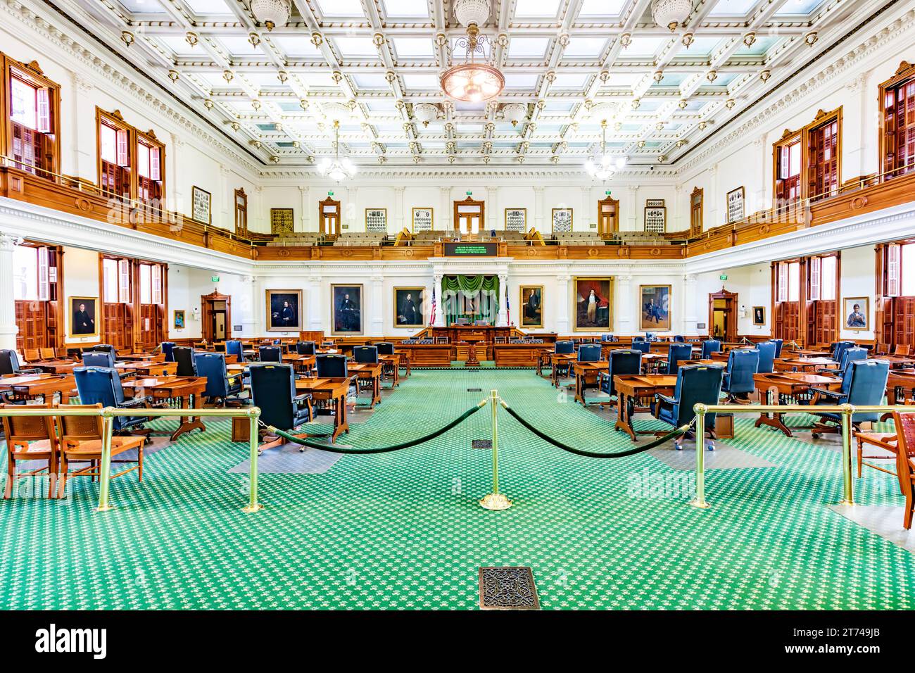 Austin, USA November 2, 2023 Centered view down the wood desks and