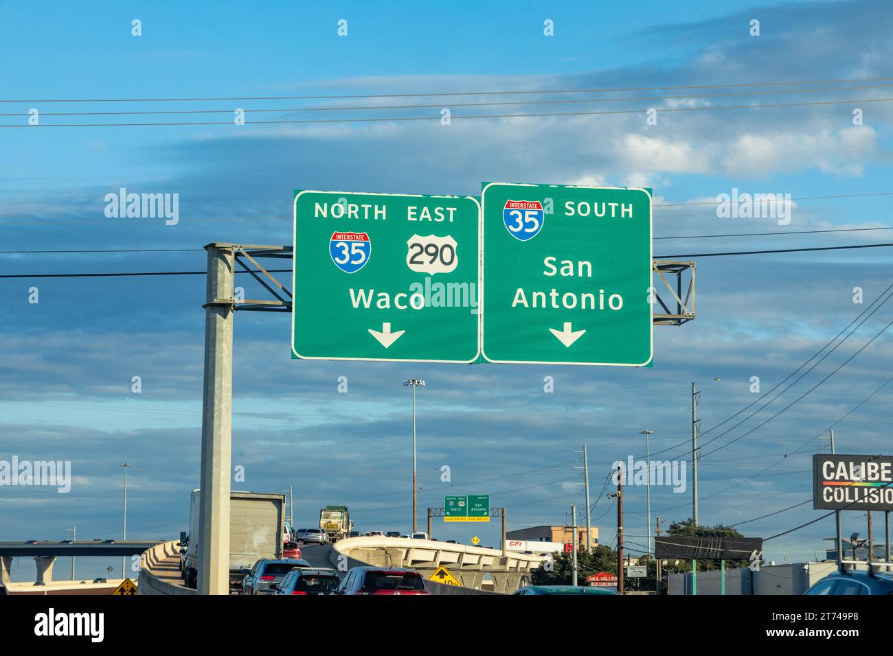 Austin, USA November 2, 2023 traffic sign waco and san Antonio in