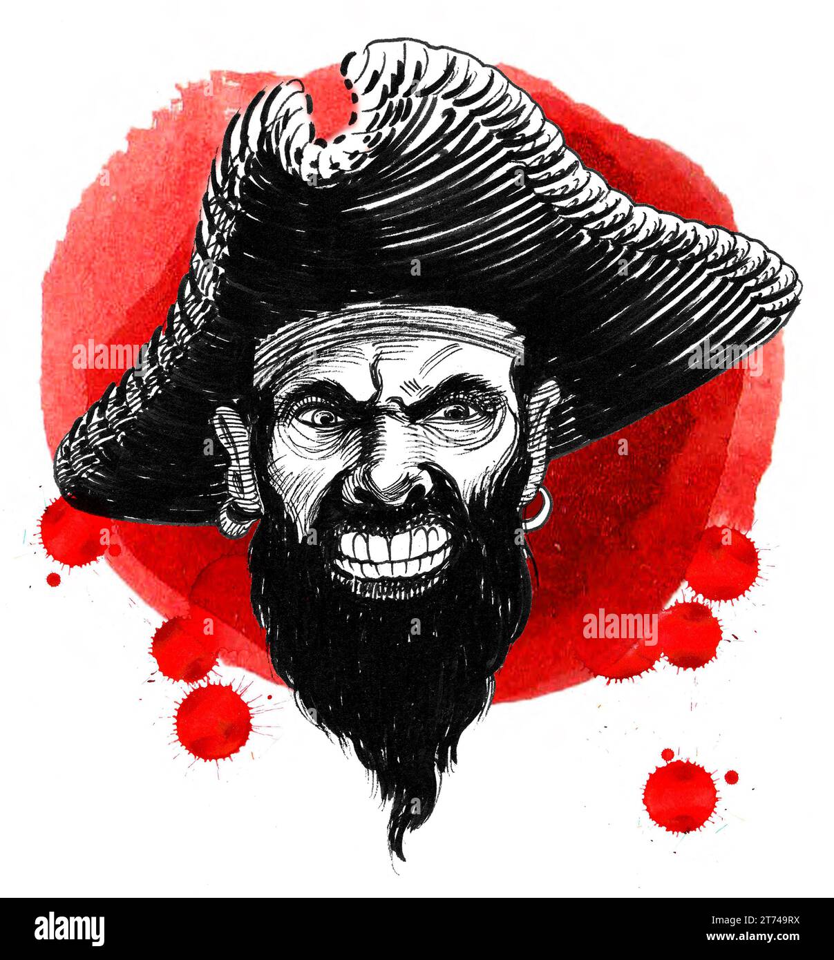Angry Pirate Head Hand Drawn Vintage Styled Ink And Watercolor Illustration Stock Photo Alamy