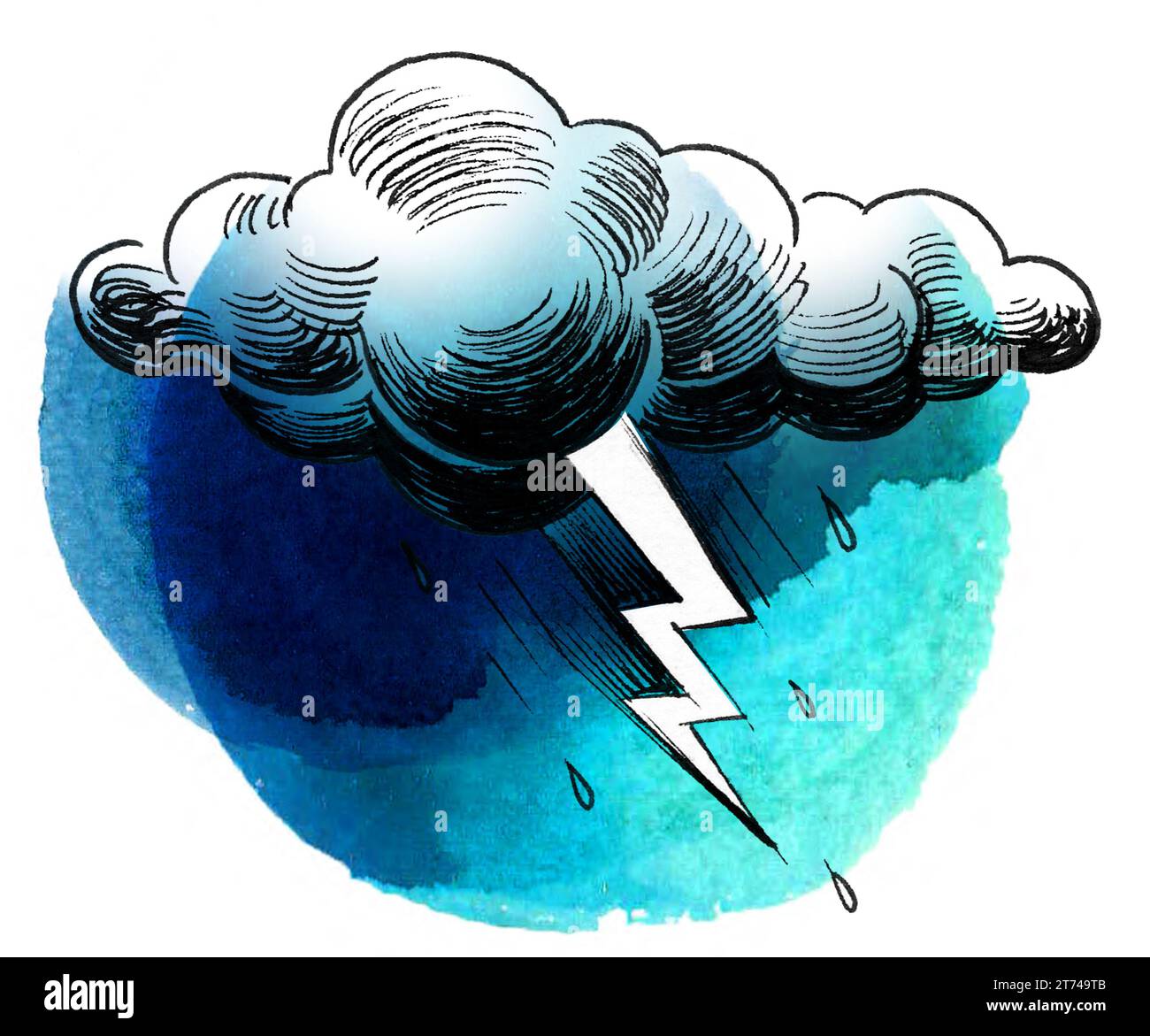 Thunder cloud and lightning. Hand-drawn ink and watercolor illustration Stock Photo