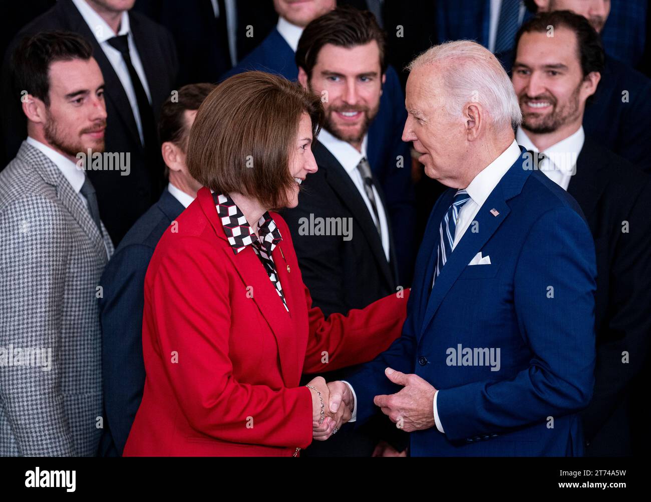 Washington, United States. 13th Nov, 2023. President Joe Biden shakes hands with Senator Catherine Cortez Masto, a Democrat from Nevada, while hosting the Vegas Golden Knights to celebrate their 2023 Stanley Cup victory in the East Room of the White House in Washington, DC, on Monday, Nov. 13, 2023. The Golden Knights won their first Stanley Cup by beating the Florida Panthers four games to one. Photo by Al Drago/UPI Credit: UPI/Alamy Live News Stock Photo