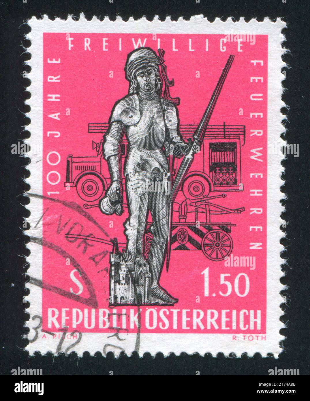 AUSTRIA - CIRCA 1963: stamp printed by Austria, shows Saint Florian statue, Kefermarkt and fire engines, circa 1963 Stock Photo