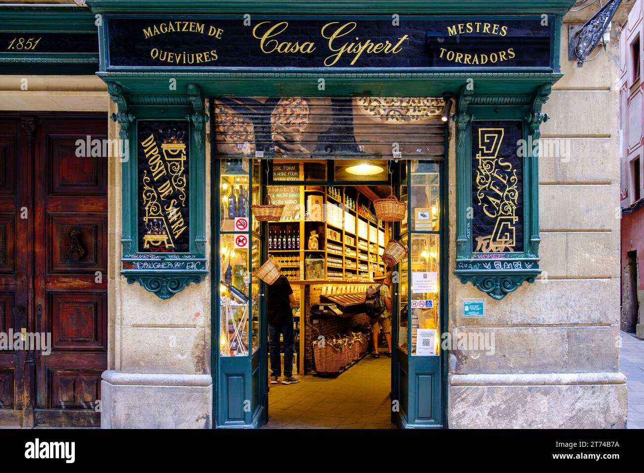 Outside Casa Gispert Queviures, family owned Catalan food store, El Born district, Barcelona, Spain Stock Photo