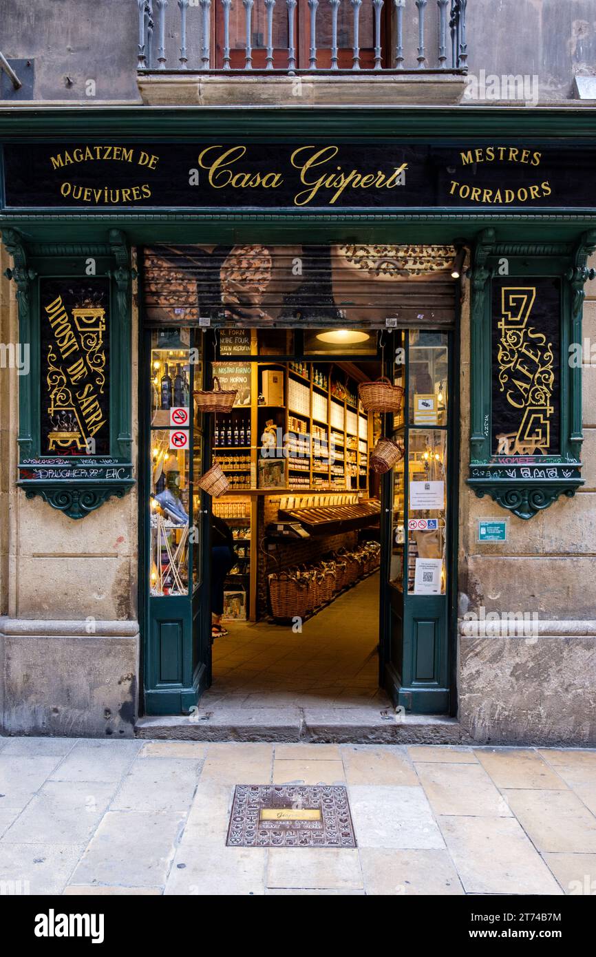 Outside Casa Gispert Queviures, family owned catalan food store, El Born district, Barcelona, Spain Stock Photo