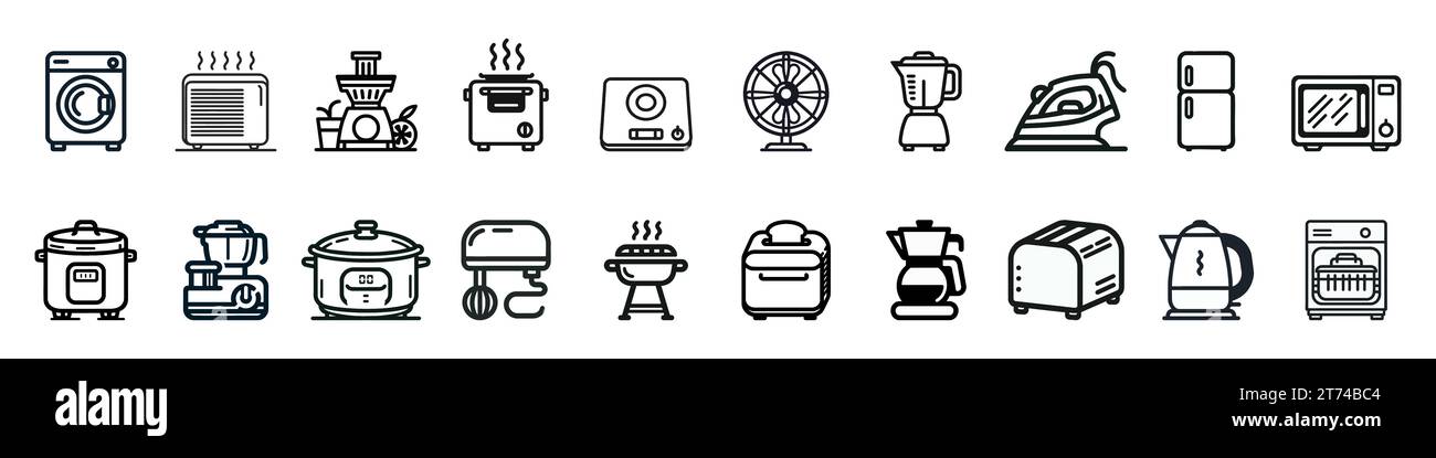 Set of Black Line Vector Icons for Kitchen Appliances Isolated on White Background. Vector illustration Stock Vector