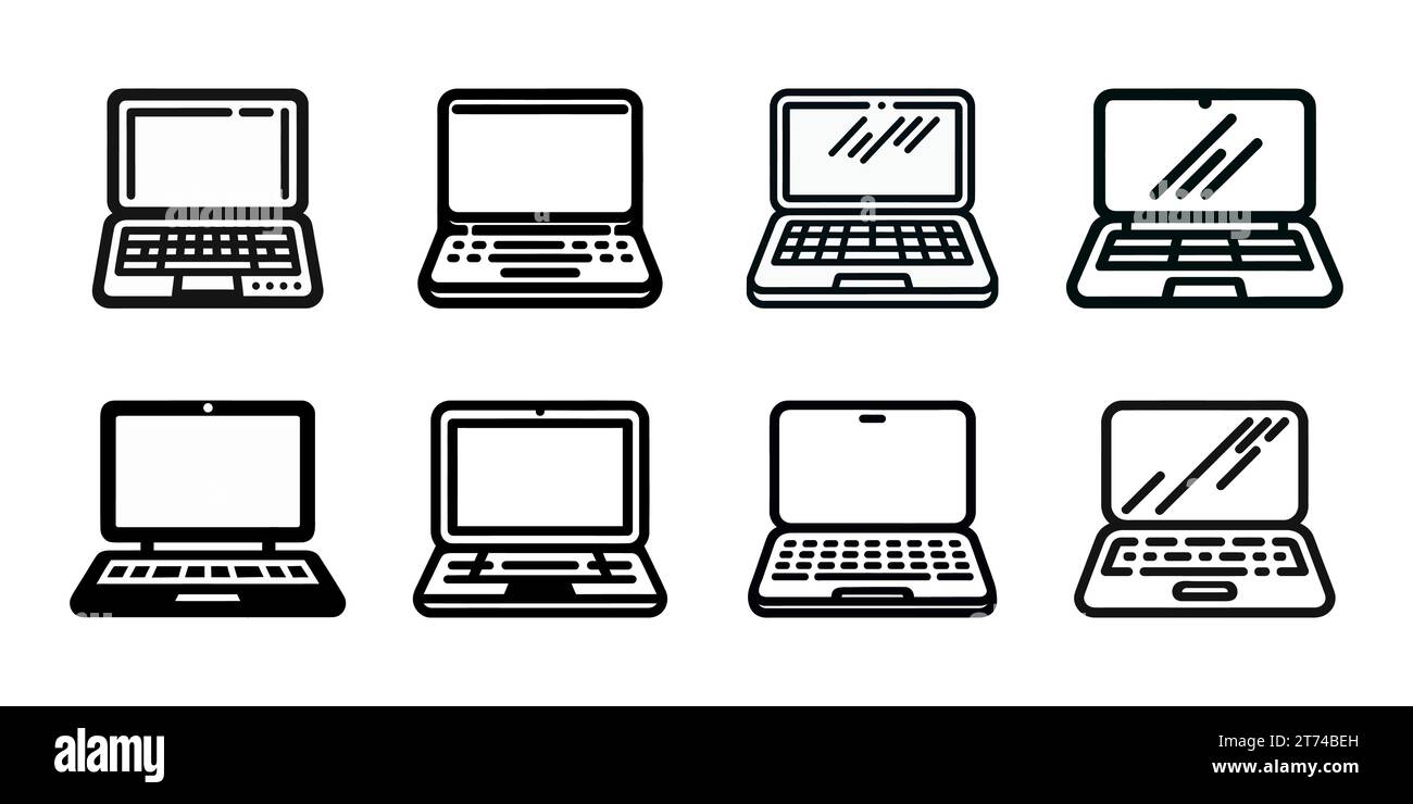 Set of black linear laptop icons isolated on white background. Vector illustration Stock Vector