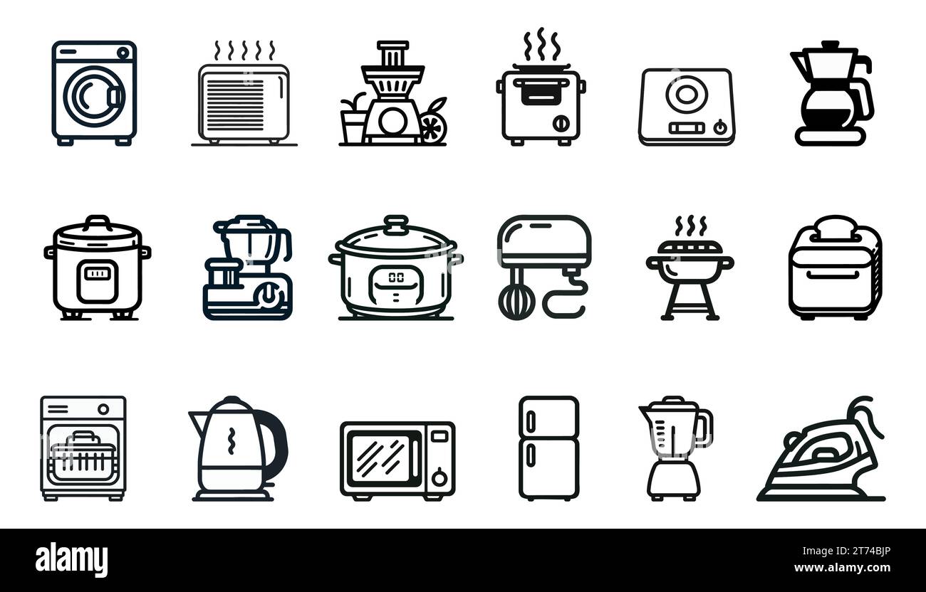 Set of Black Line Vector Icons for Kitchen Appliances Isolated on White Background. Vector illustration Stock Vector