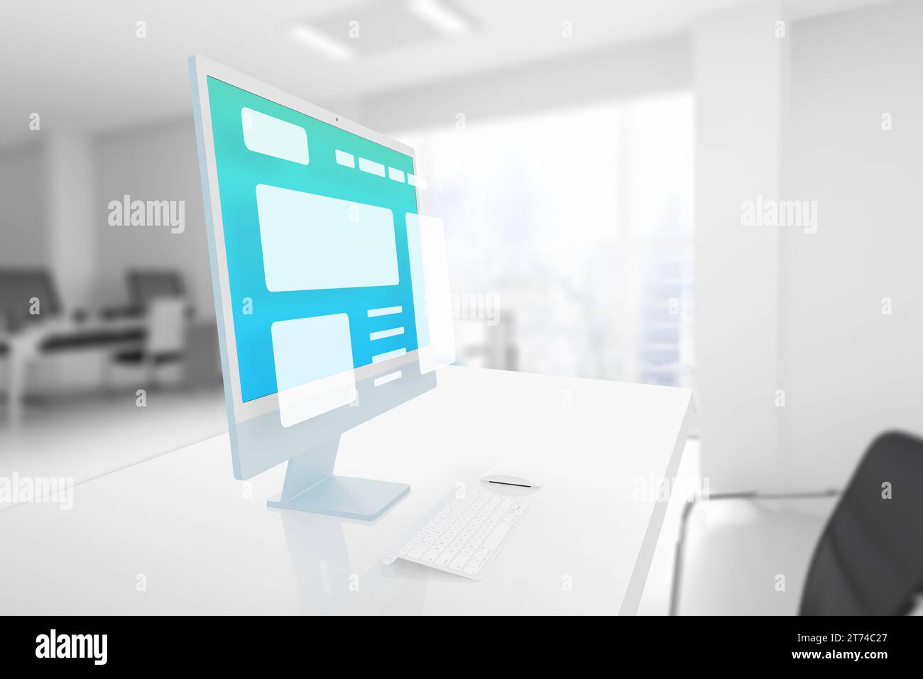 Computer display on an office desk with a hovering web page or app layout. Web design or development creative process concept Stock Photo