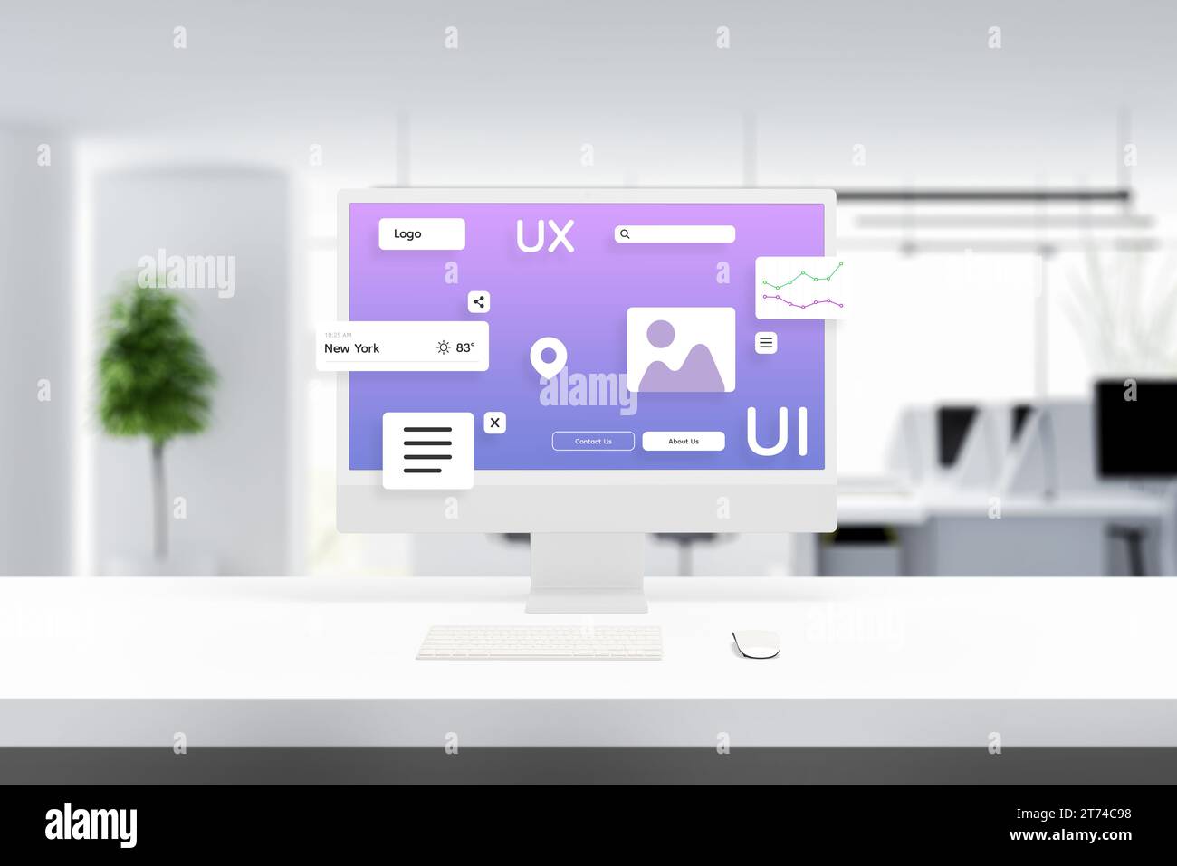 User interface and experience modules of a web page or app hover on an office computer display. Modern work environment Stock Photo