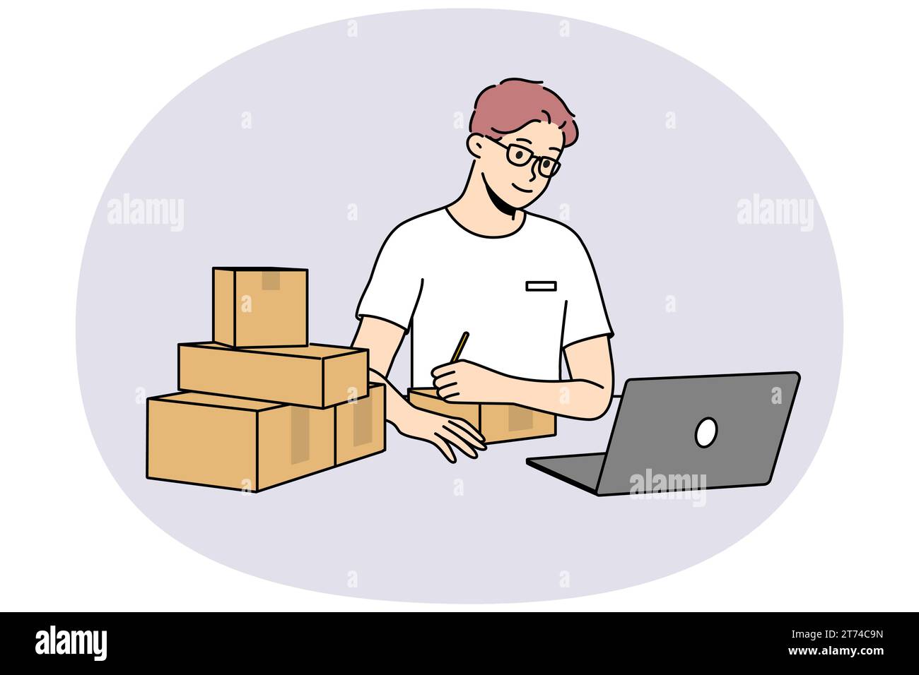 Young man in glasses look at laptop sign parcels at post. Smiling male