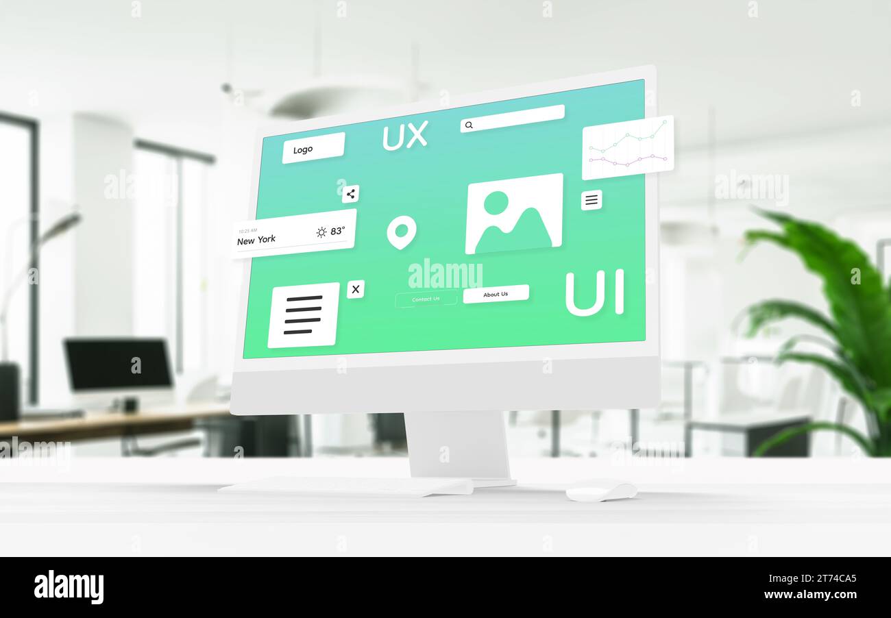 Computer display showcasing user interface modules, icons, and elements seamlessly hovering. UI design and development concept Stock Photo