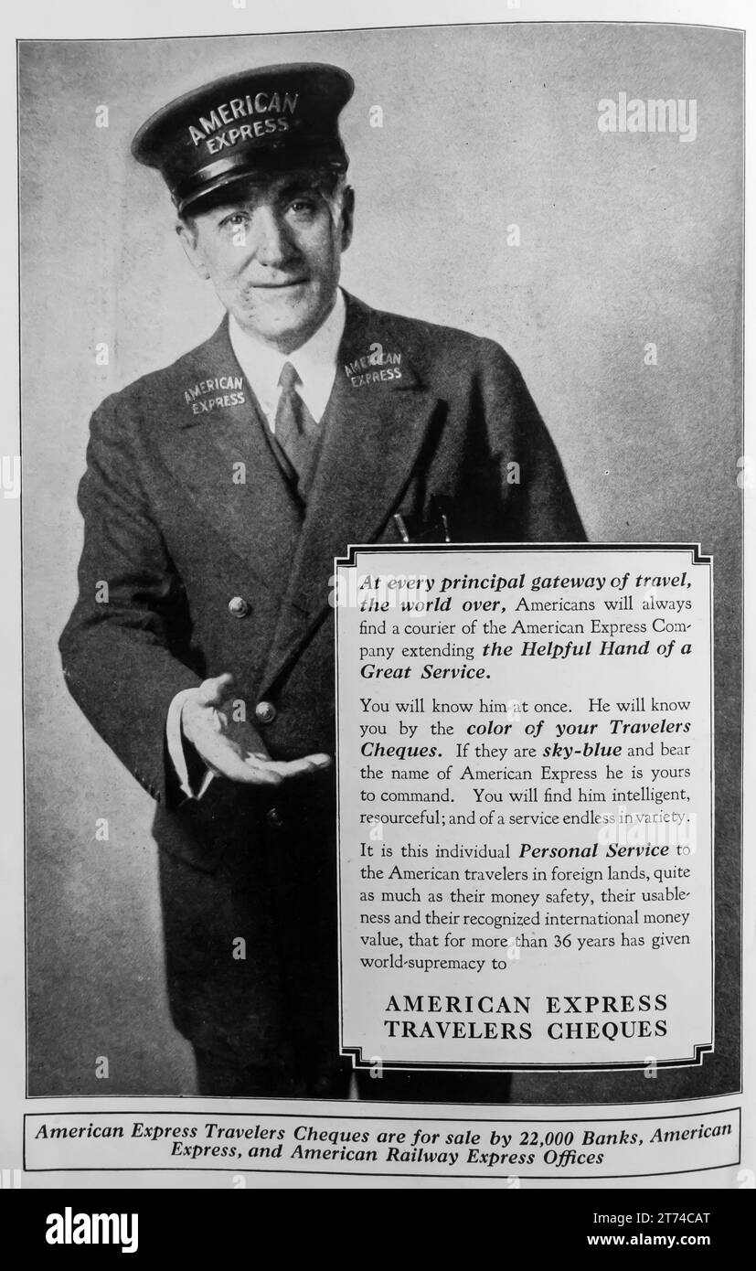 1927 American Express Travelers Cheques Ad Stock Photo
