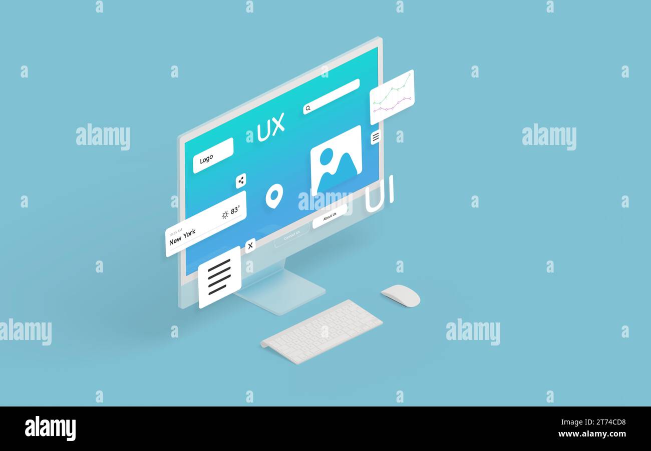 Isometric computer display with user interface modules, illustrating the concept of web or app development. Digital design and development Stock Photo