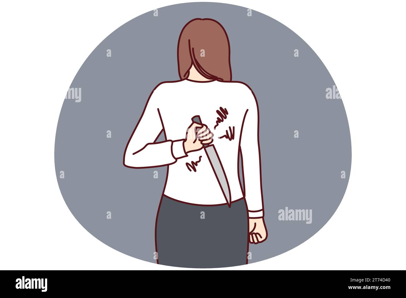 Woman hiding knife behind back ready to betray or attack. Businesswoman with weapon hidden. Risky deal or rivalry. Vector illustration. Stock Vector