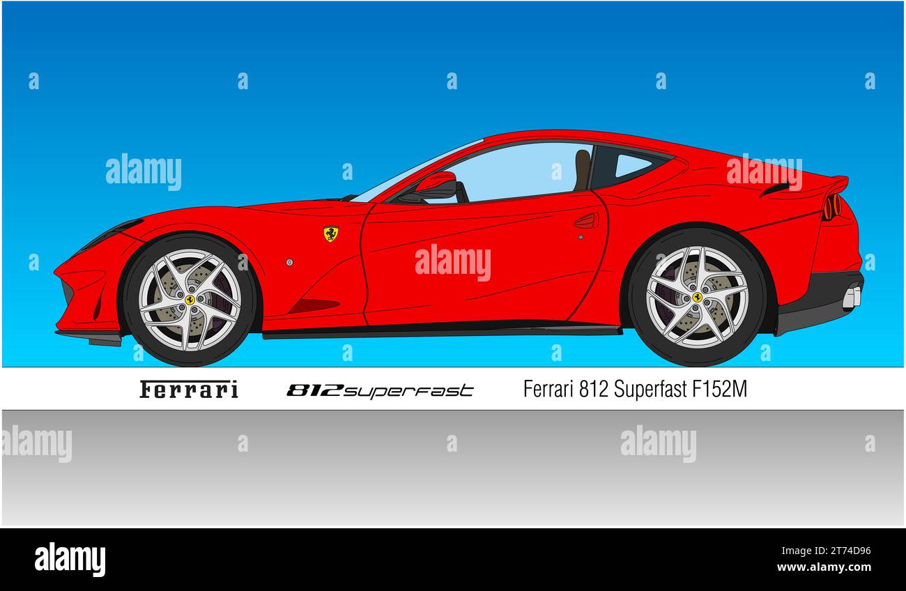 MARANELLO, MODENA, ITALY, YEAR 2017 - Ferrari 812 Superfast model sportcar, silhouette outlined, coloured illustration Stock Photo