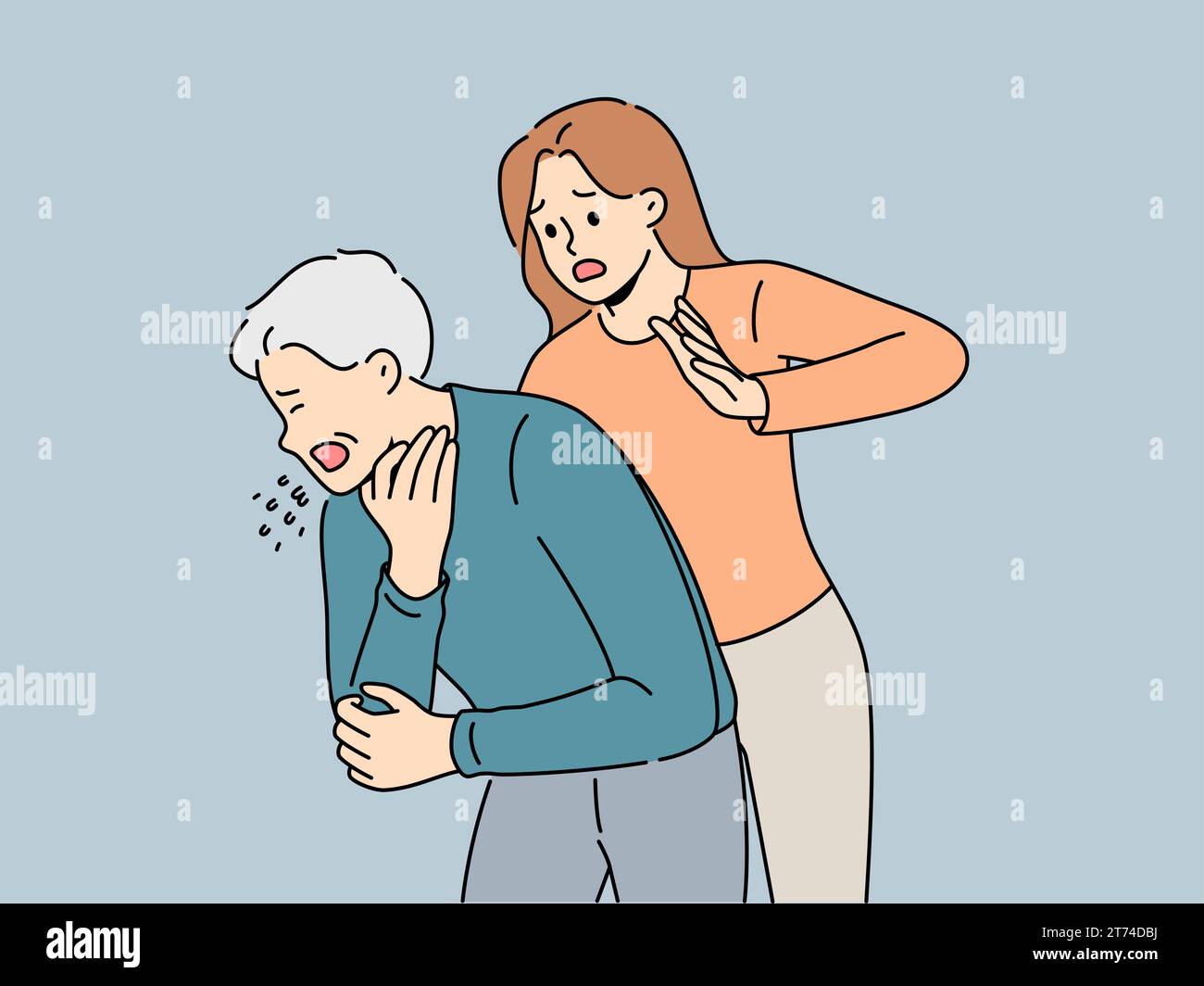 Woman performs heimlich maneuver for choking old man who needs help due to airway obstruction. Sick human choked on food and coughed standing near girl ready to do heimlich maneuver Stock Vector
