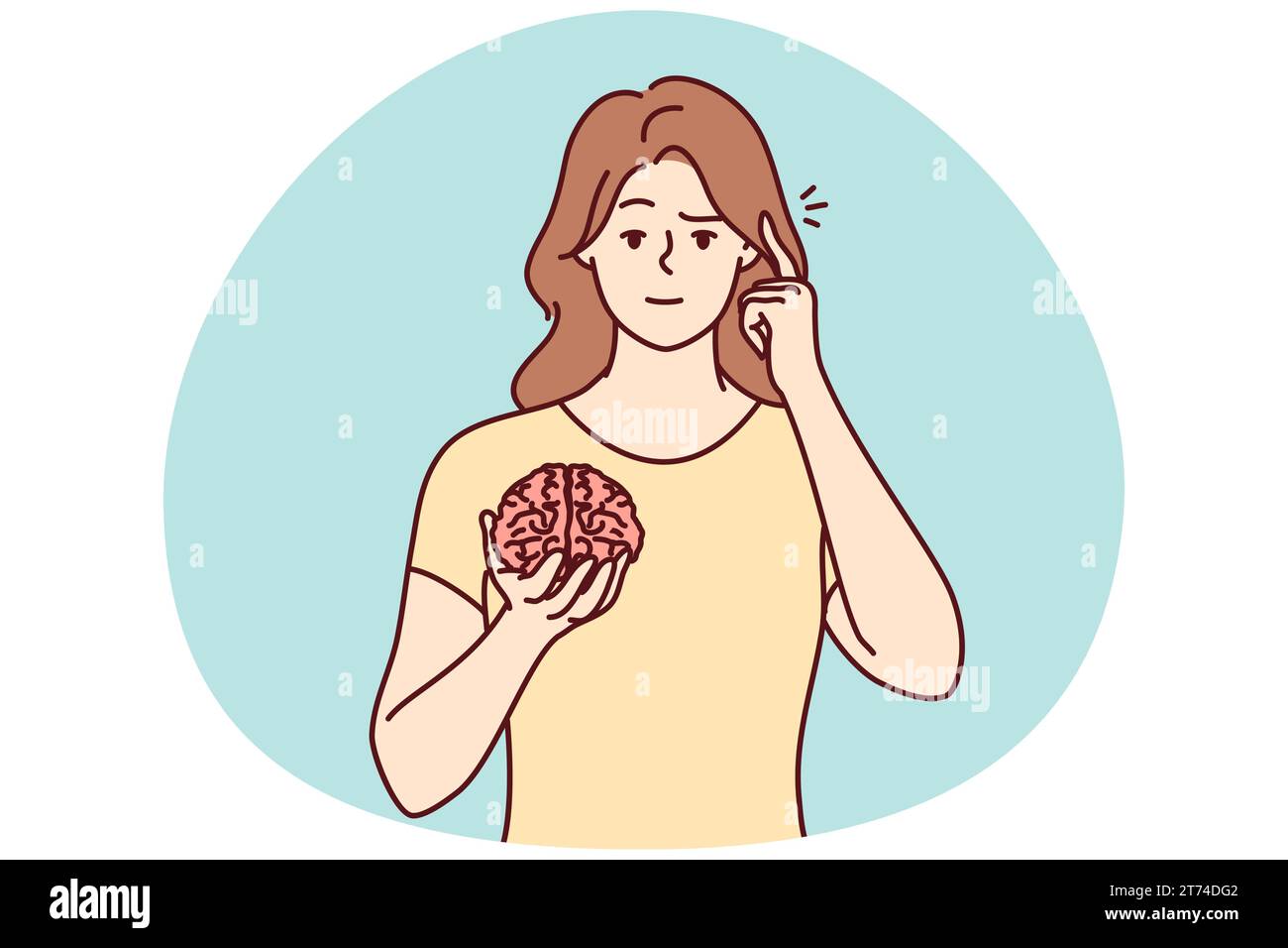 Young woman holding brain hands show at head. Focused female ask to use brain and think and consider more. Vector illustration. Stock Vector