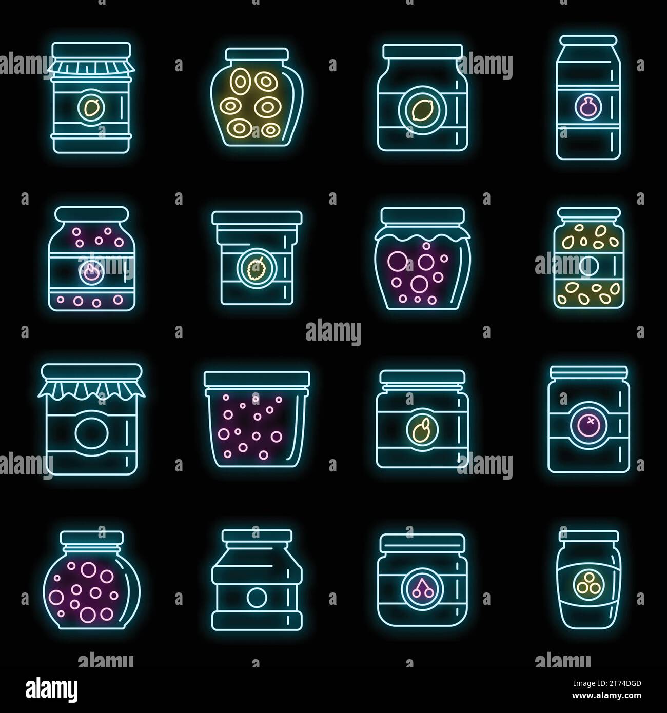 Jam jar jelly icons set. Outline set of jam jar jelly vector icons neon ...