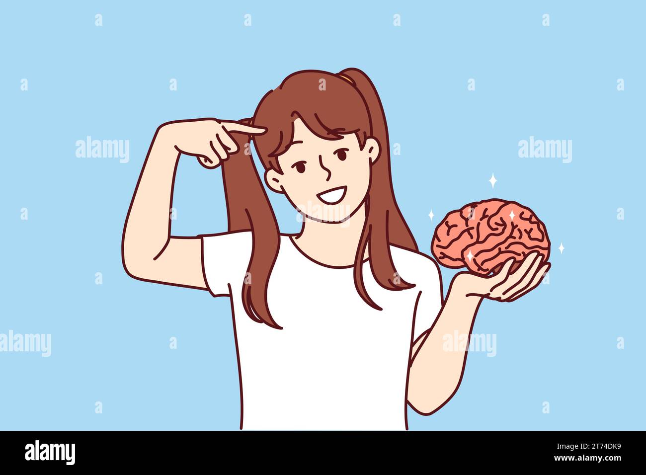 Little girl holds brain in hand and points finger at head, calling to develop intelligence and take care of increasing iq. Smart child with high iq for advertising childrens educational courses Stock Vector