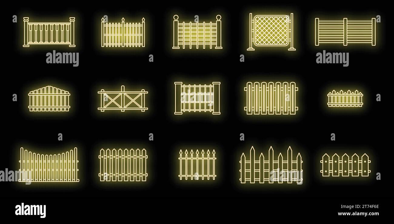 Garden fence icons set. Outline set of garden fence vector icons neon color on black Stock Vector