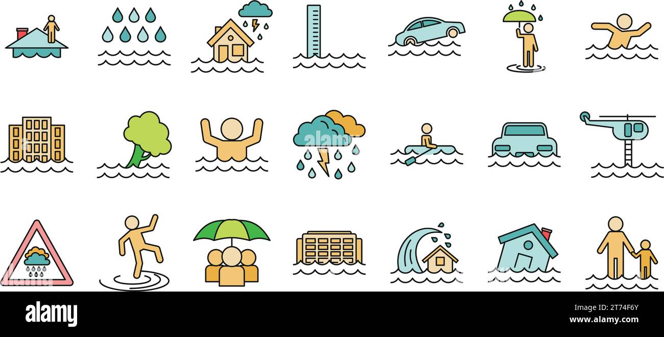 Flood cataclysm icons set. Outline set of flood cataclysm vector icons thin line color flat on white Stock Vector