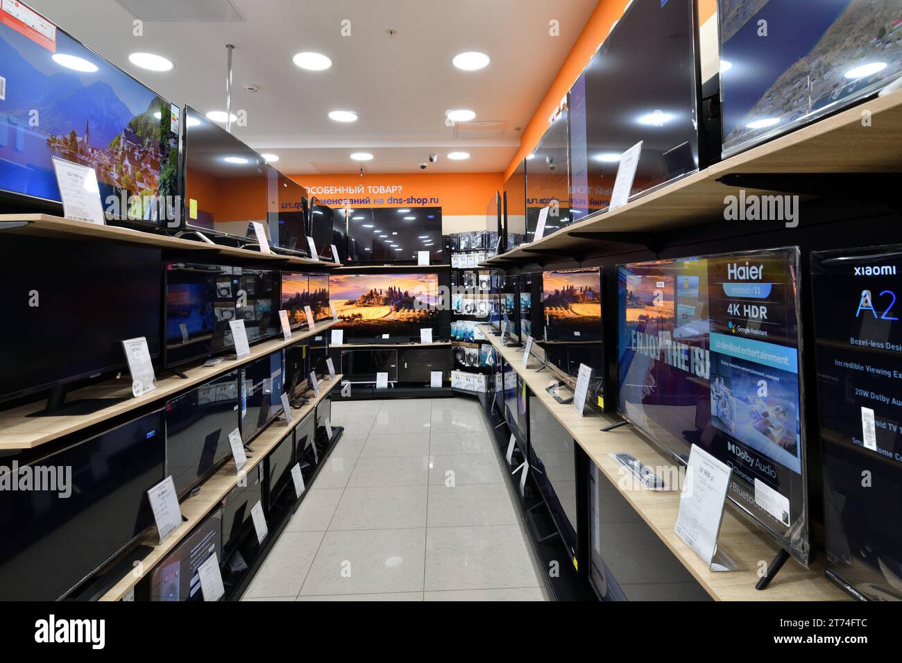 Moscow, Russia - Nov 11. 2023. TV in DNS network store selling ...