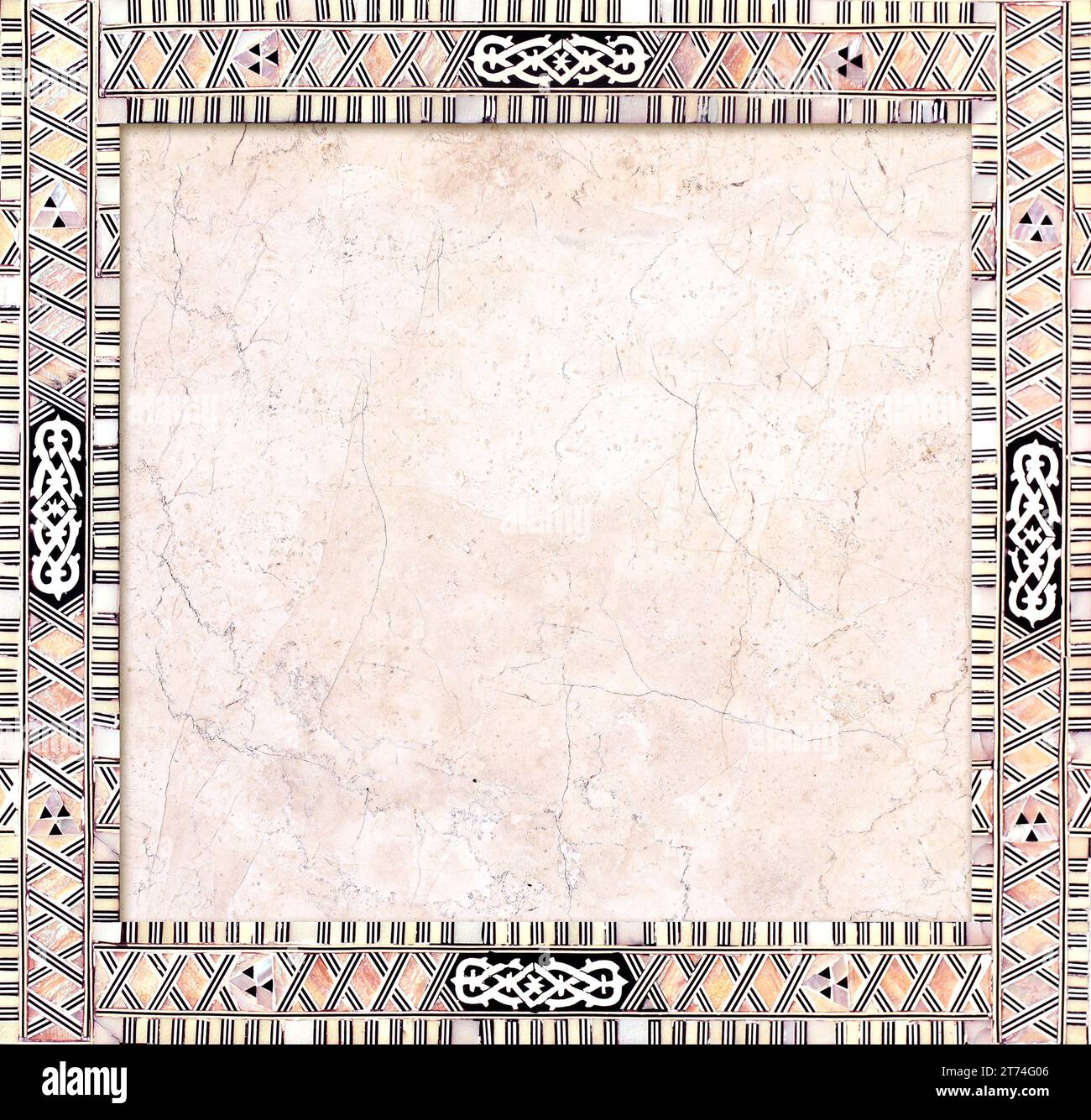 Square backdrop with detail of traditional persian mosaic with mother-of-pearl and stone geometric ornament. Horizontal or vertical background with ti Stock Photo