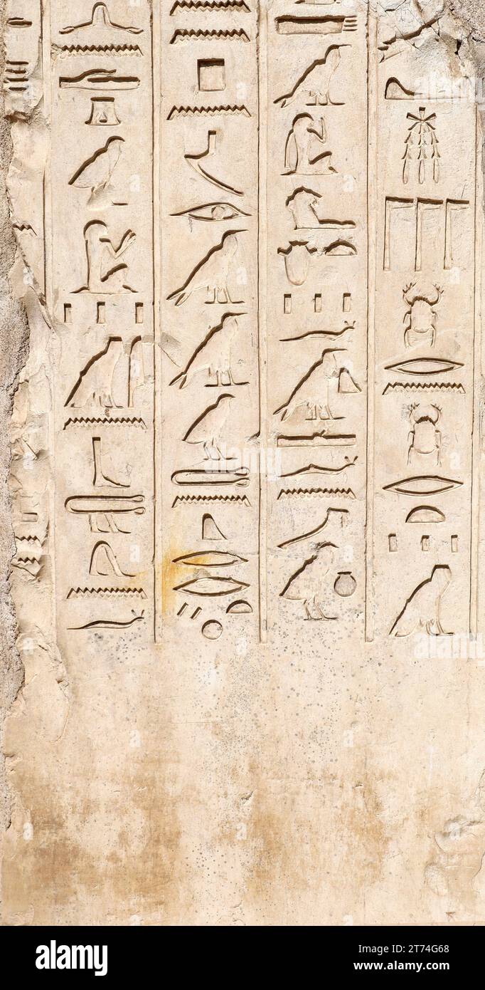 Ancient Egyptian hieroglyphs on stone wall, Karnak Temple Complex, Luxor, Egypt, Africa. Stone carvings with hieroglyphs at Karnak temple, Luxor, Theb Stock Photo