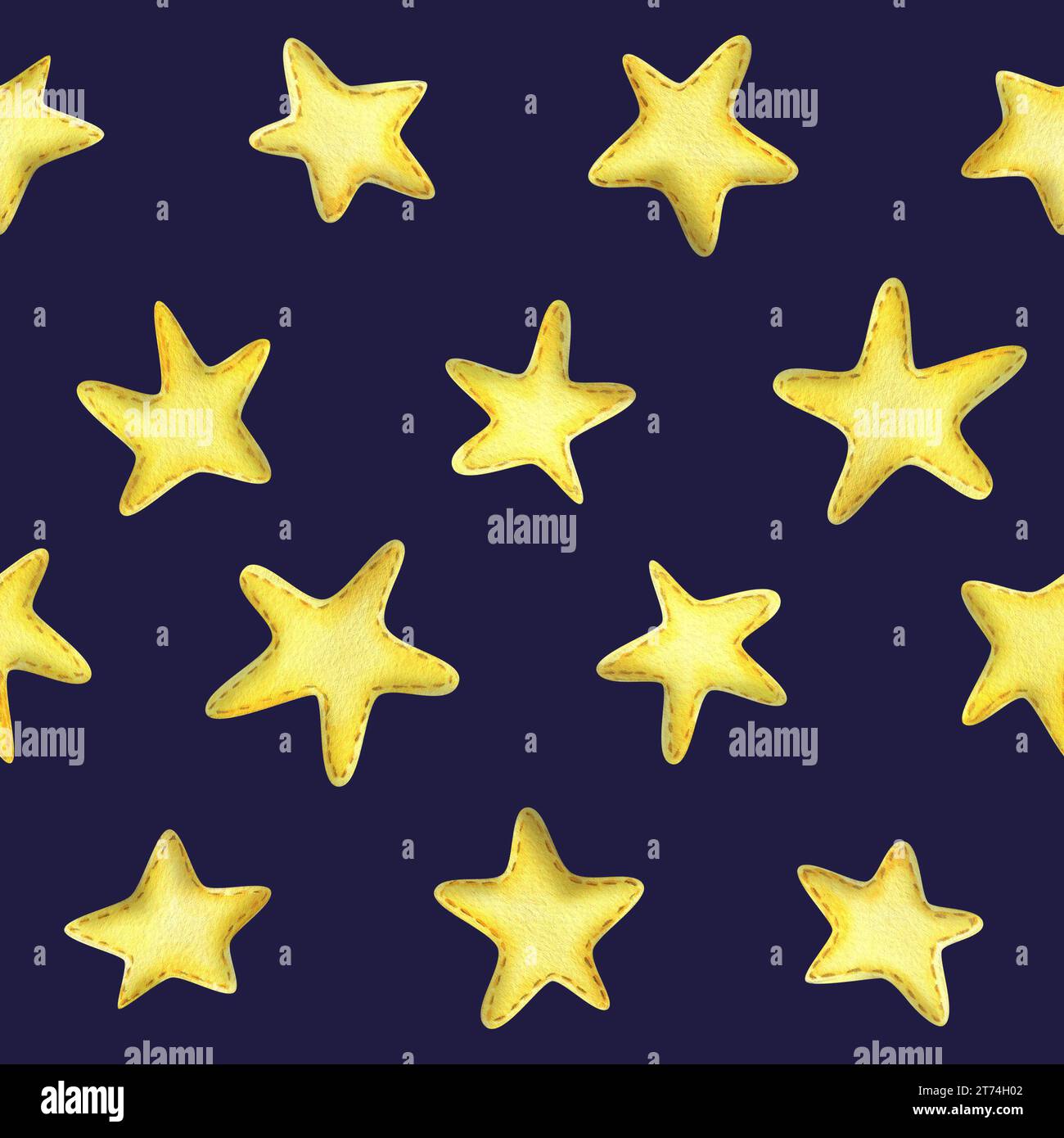 Yellow stars sewn from fabric with thread stitches. Watercolor illustration, hand drawn. Seamless pattern on a dark blue background. Stock Photo