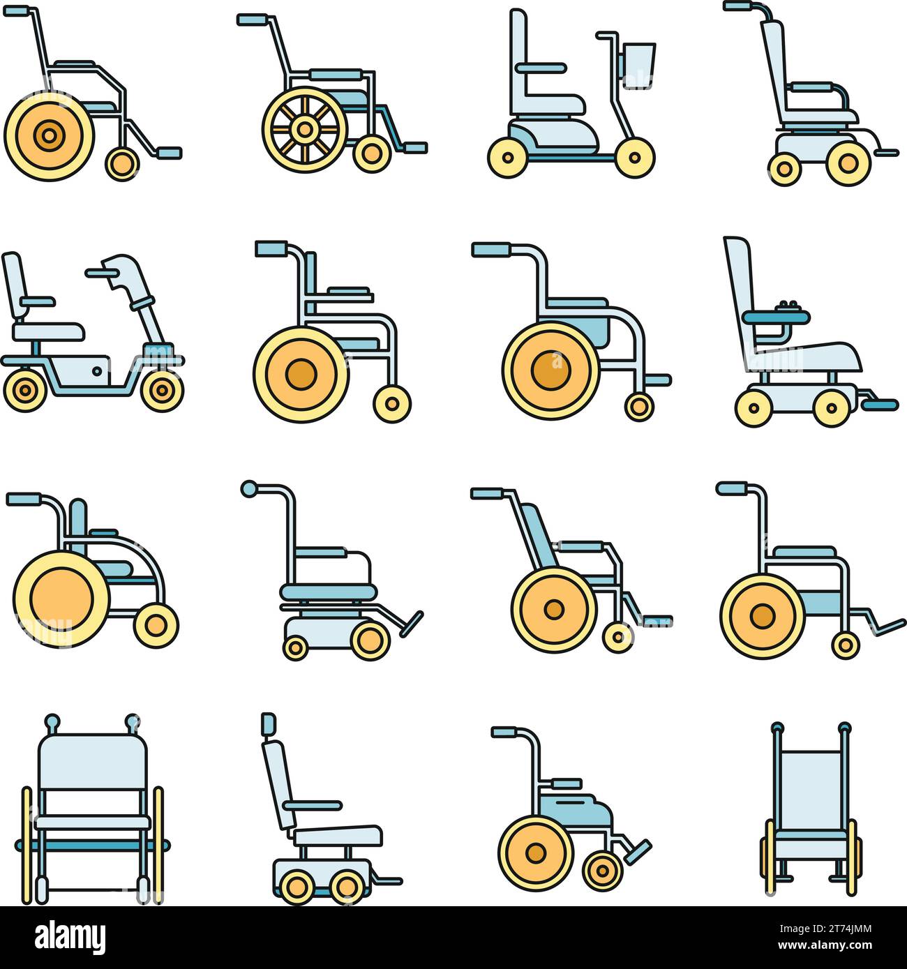 Human wheelchair icons set. Outline set of human wheelchair vector icons thin line color flat on white Stock Vector