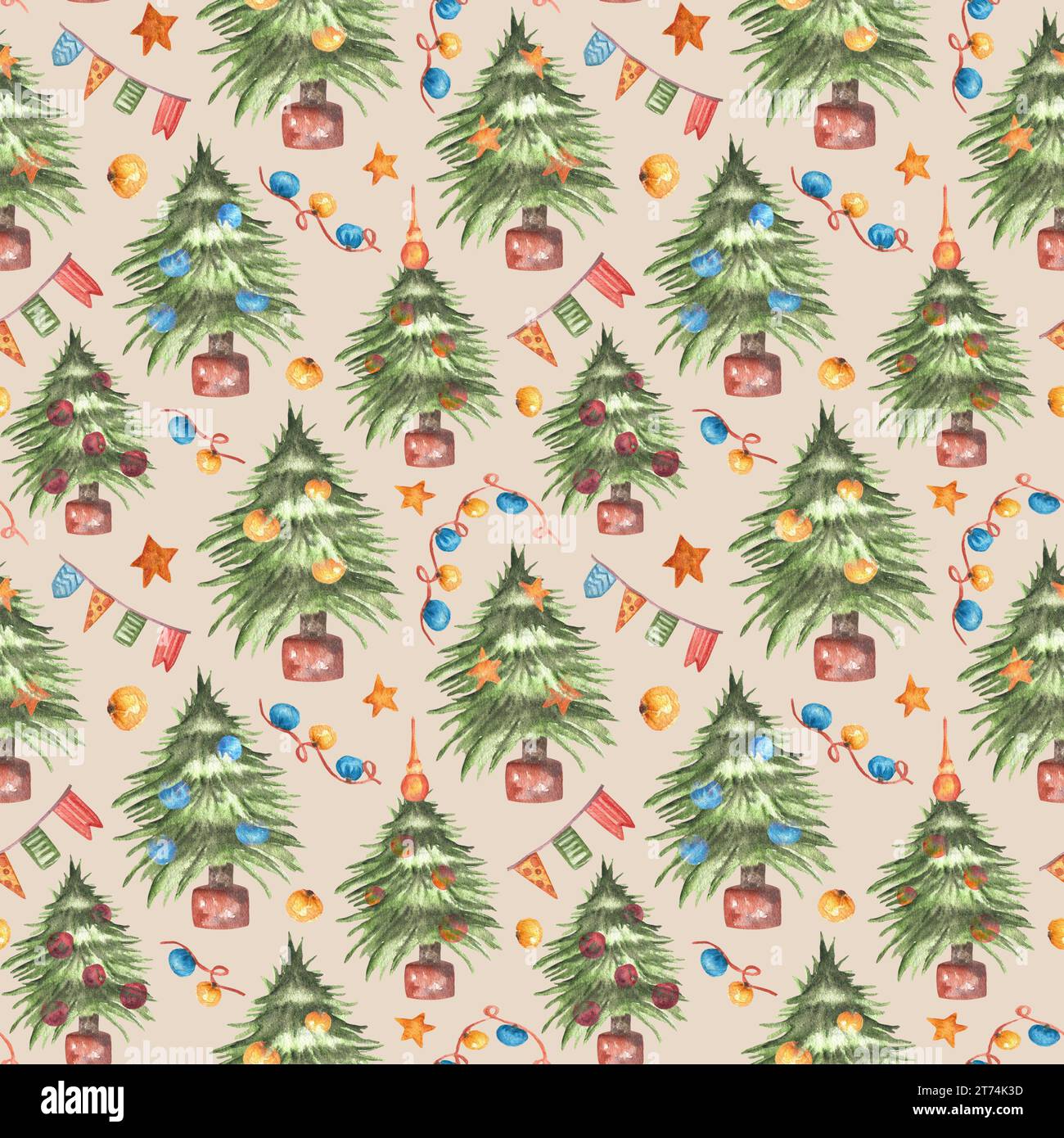 Illustrated Christmas Trees and Ornaments on Beige Wrapping Paper | Zazzle