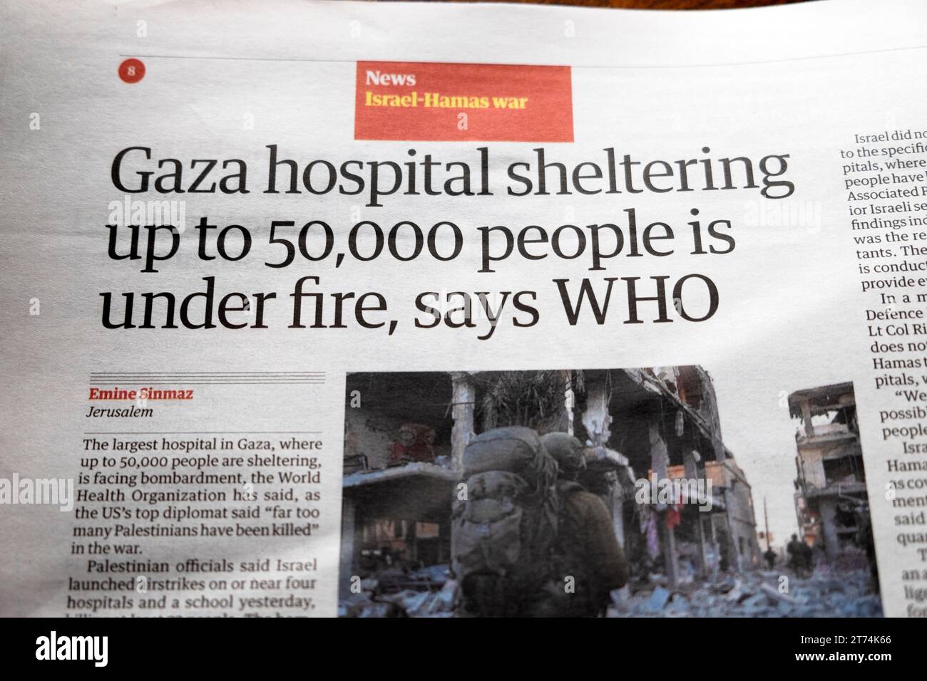 'Gaza hospital sheltering up to 50,000 people is under fire, says WHO' Guardian newspaper headline Israel Hamas war article11 November 2023 London UK Stock Photo