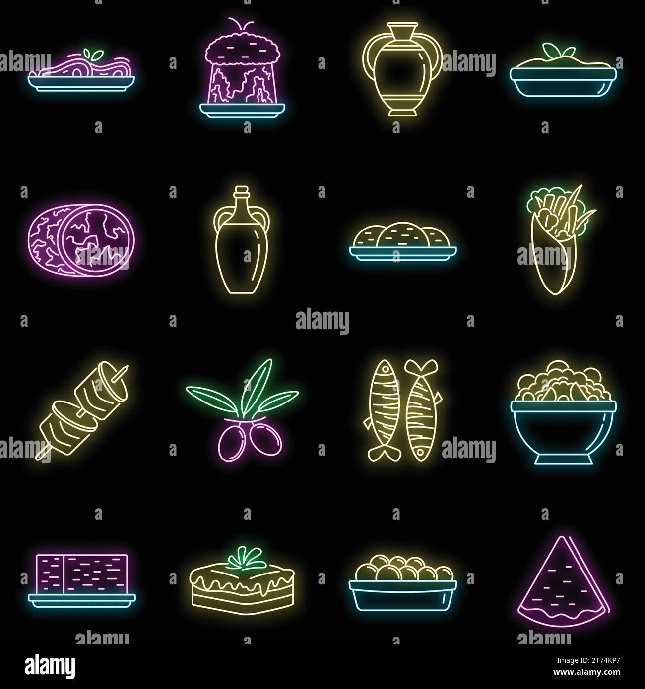 Greek cuisine food icons set. Outline set of Greek cuisine food vector icons neon color on black Stock Vector