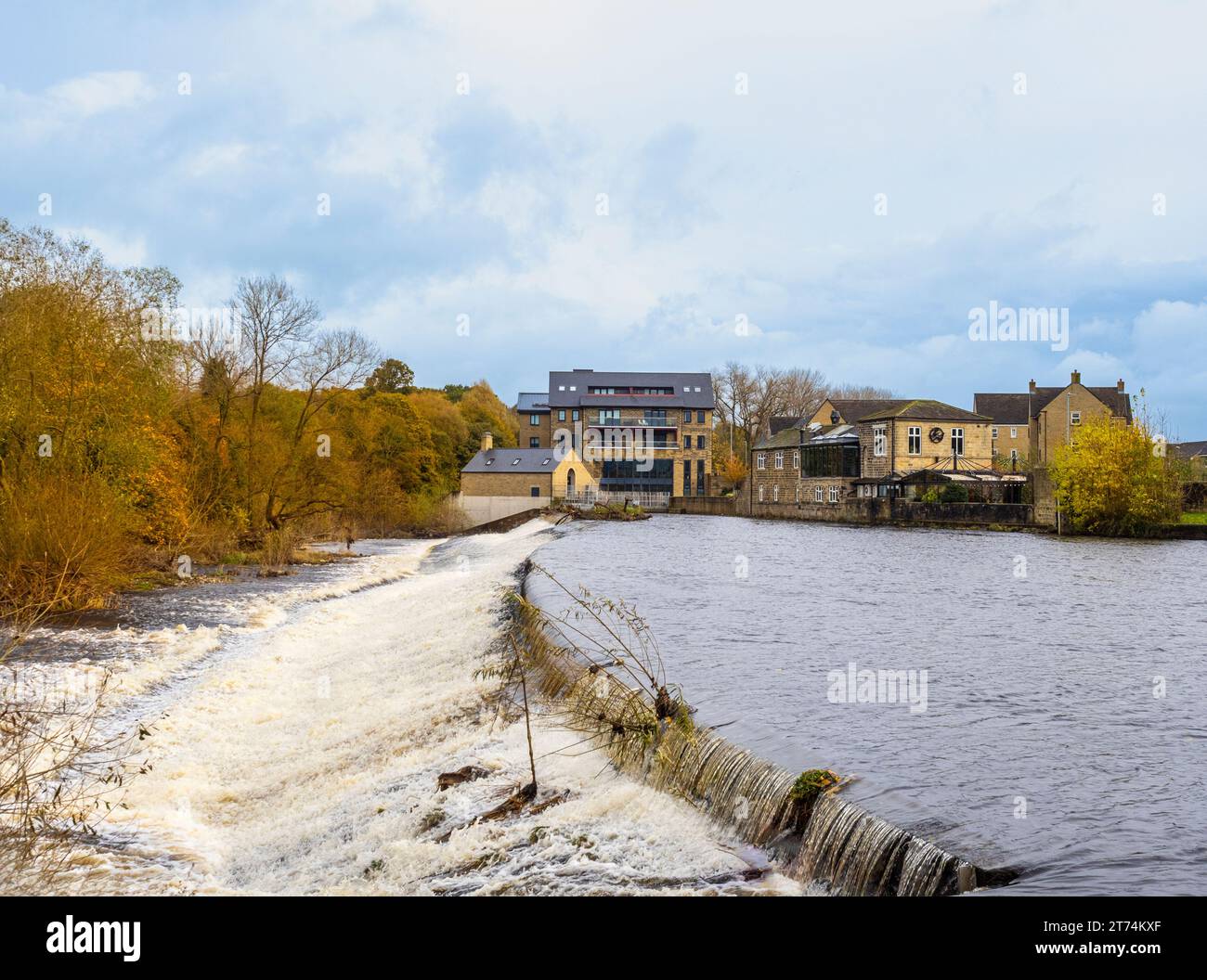 Weir on the River Wharfe in Otley, with the sustainable Otley Hydro ...